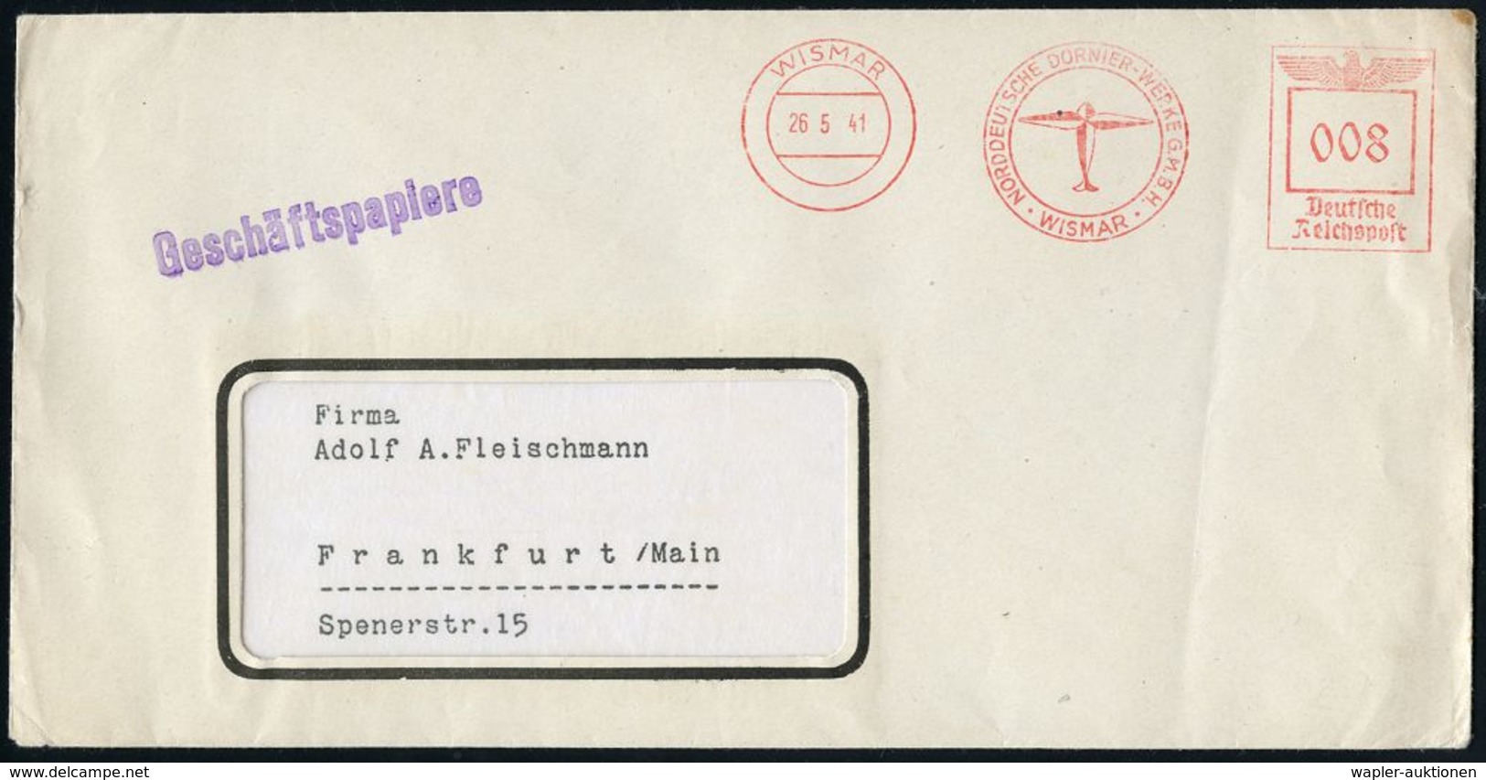MILITÄRFLUGWESEN / MILITÄRFLUGZEUGE : WISMAR/ NORDDEUTSCHE DORNIER-WERKE GMBH 1941 (26.5.) Seltener AFS = Dornier-Logo ( - Avions
