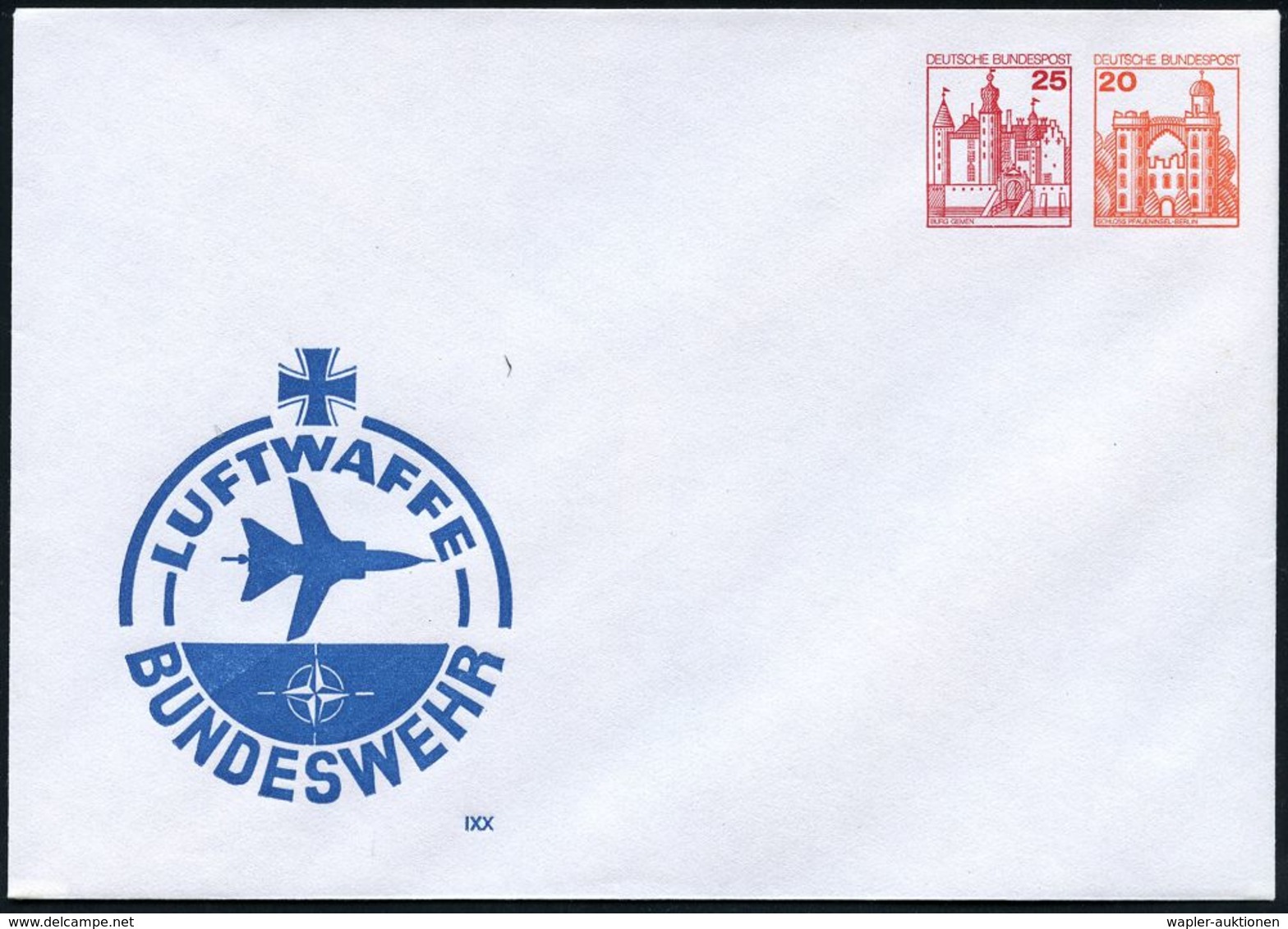 MILITÄRFLUGWESEN / MILITÄRFLUGZEUGE : B.R.D. 1984 PU 25 Pf. + 20 Pf. Burgen: LUFTWAFFE BUNDESWEHR = Silhouette "Alpha"-J - Aerei