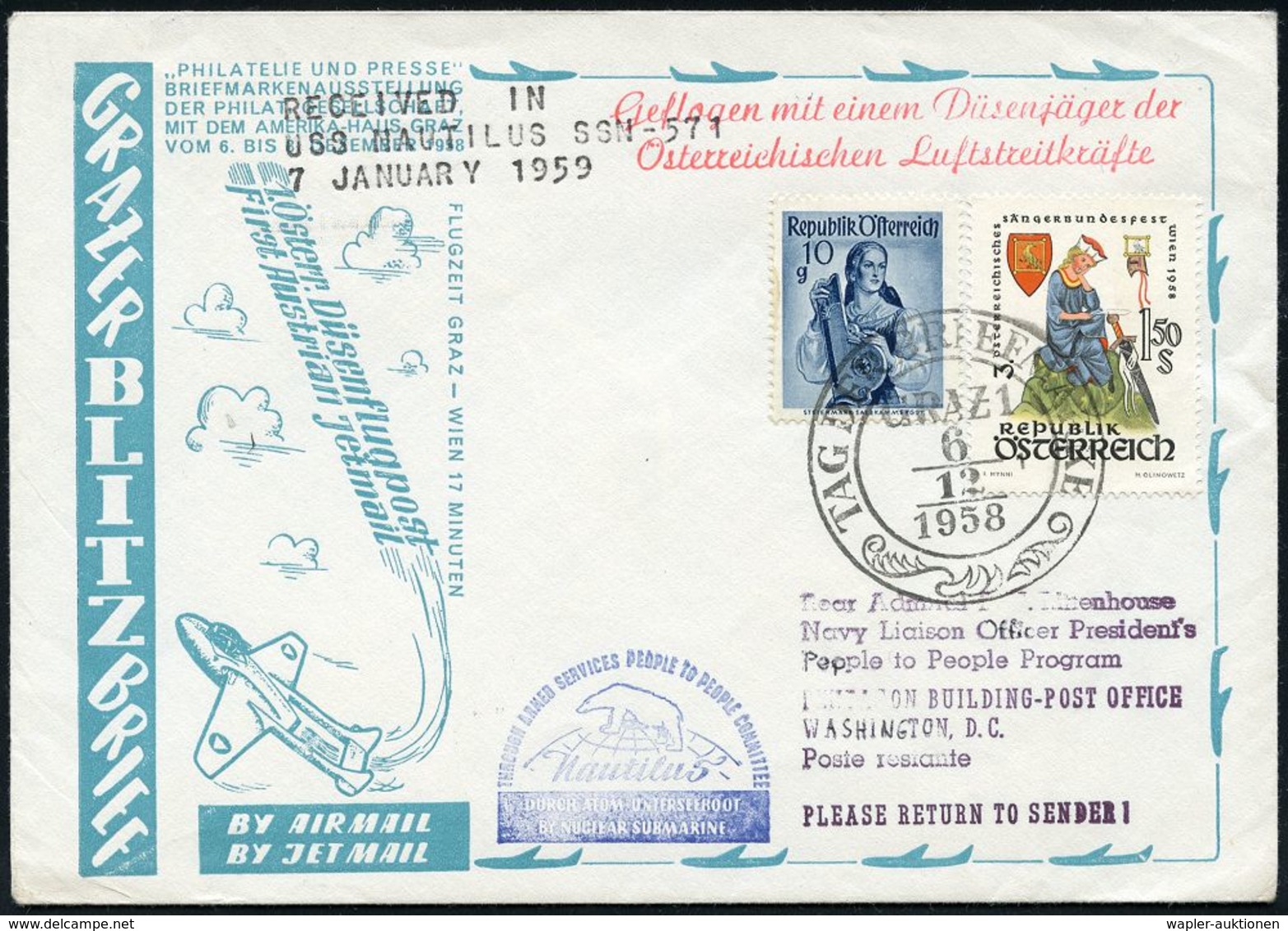 MILITÄRFLUGWESEN / MILITÄRFLUGZEUGE : ÖSTERREICH 1958 (6.12.) SSt: GRAZ 1/2/TAG DER BRIEFMARKE + Bl. HdN: Nautilus/DURCH - Airplanes
