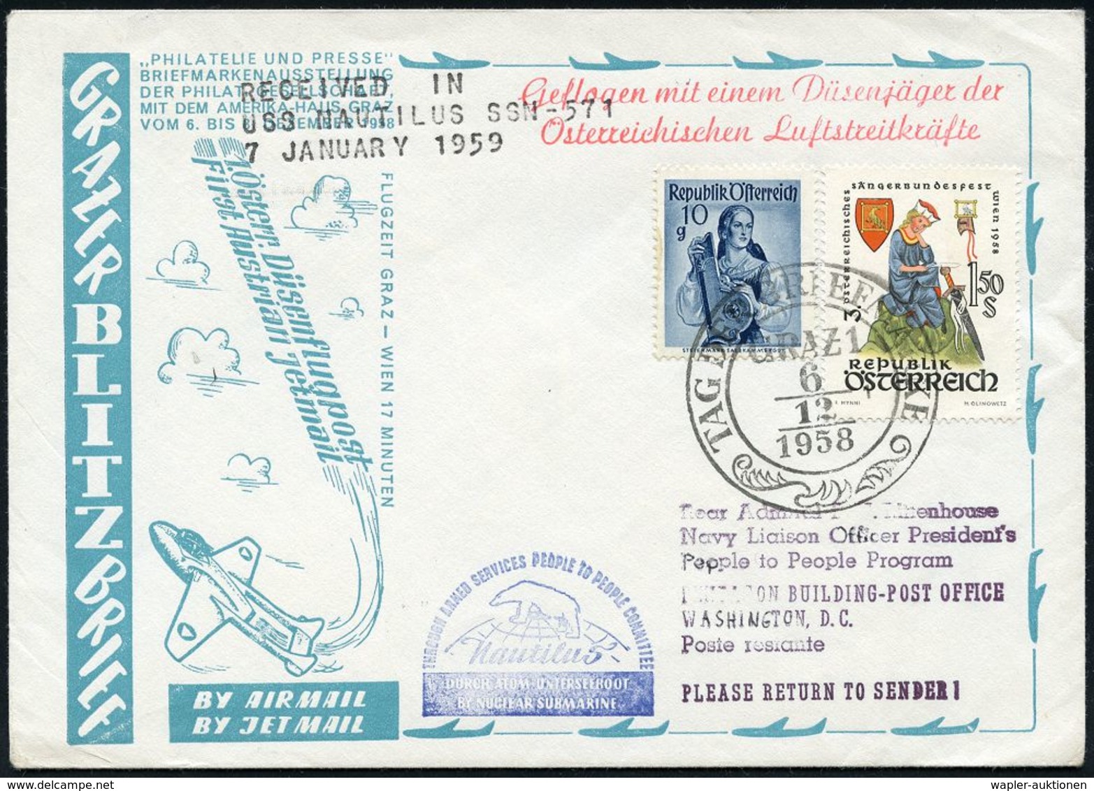 MILITÄRFLUGWESEN / MILITÄRFLUGZEUGE : ÖSTERREICH 1958 (6.12.) SSt: GRAZ 1/2/TAG DER BRIEFMARKE + Bl. HdN: Nautilus/DURCH - Avions