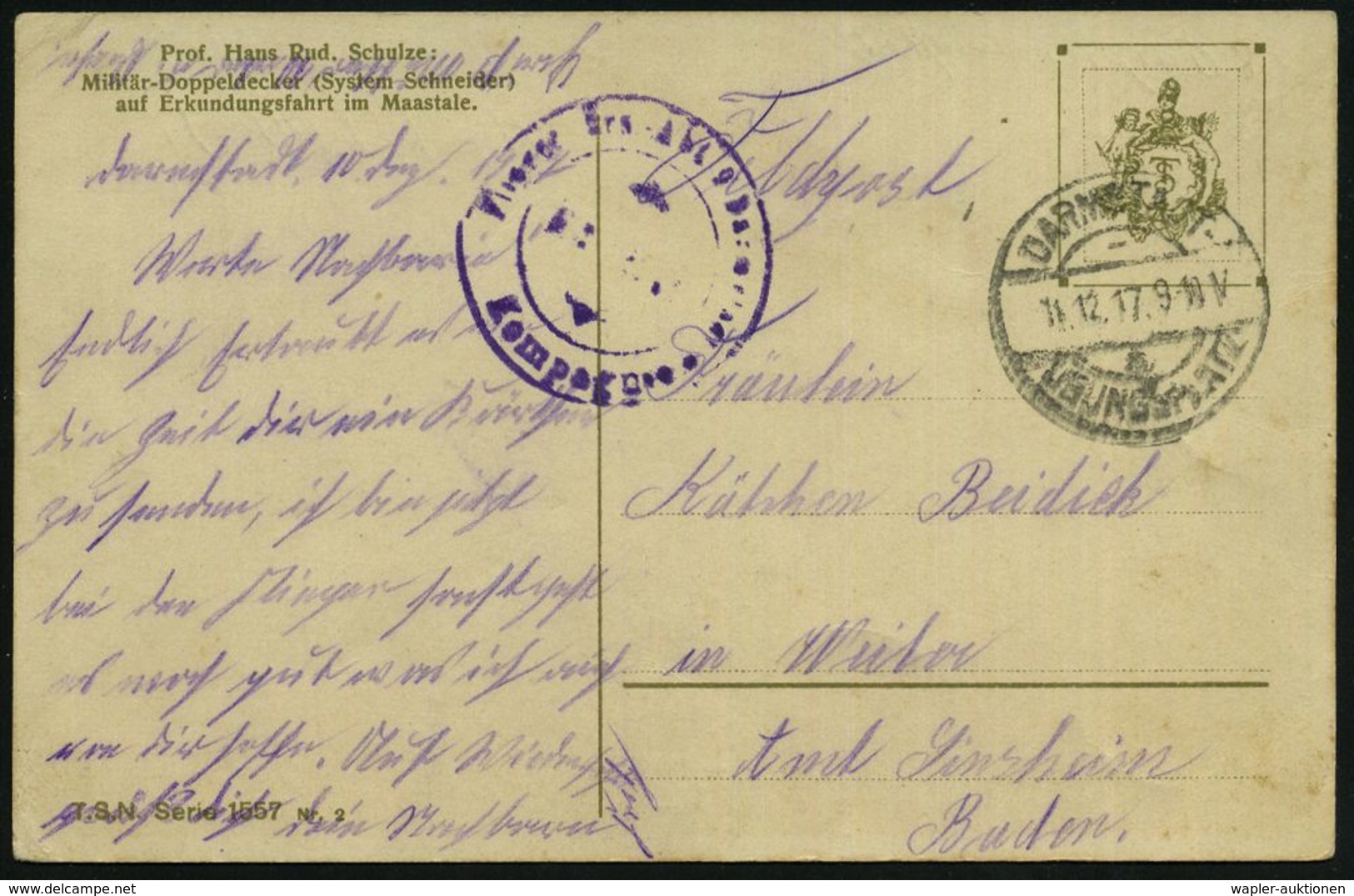 LUFTFELDPOST I. WK : DARMSTADT-/ A/ ÜBUNGSPLATZ 1917 (11.12.) 1K-Brücke = Hauspostamt Flieger- U. Truppenübungsplatz + V - Aerei