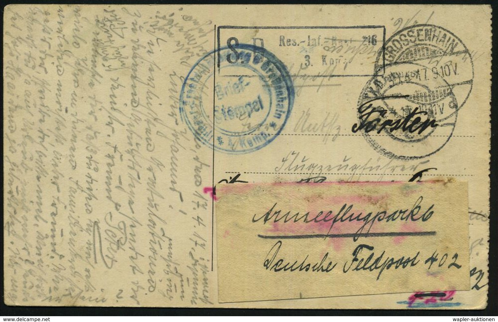 LUFTFELDPOST I. WK : GROSSENHAIN/ **d 1917 (Apr.) 1K-Gitter + Aptierter Feldpost-1K: K. D. Feldpost = Tarnstempel + 2 Tr - Aerei