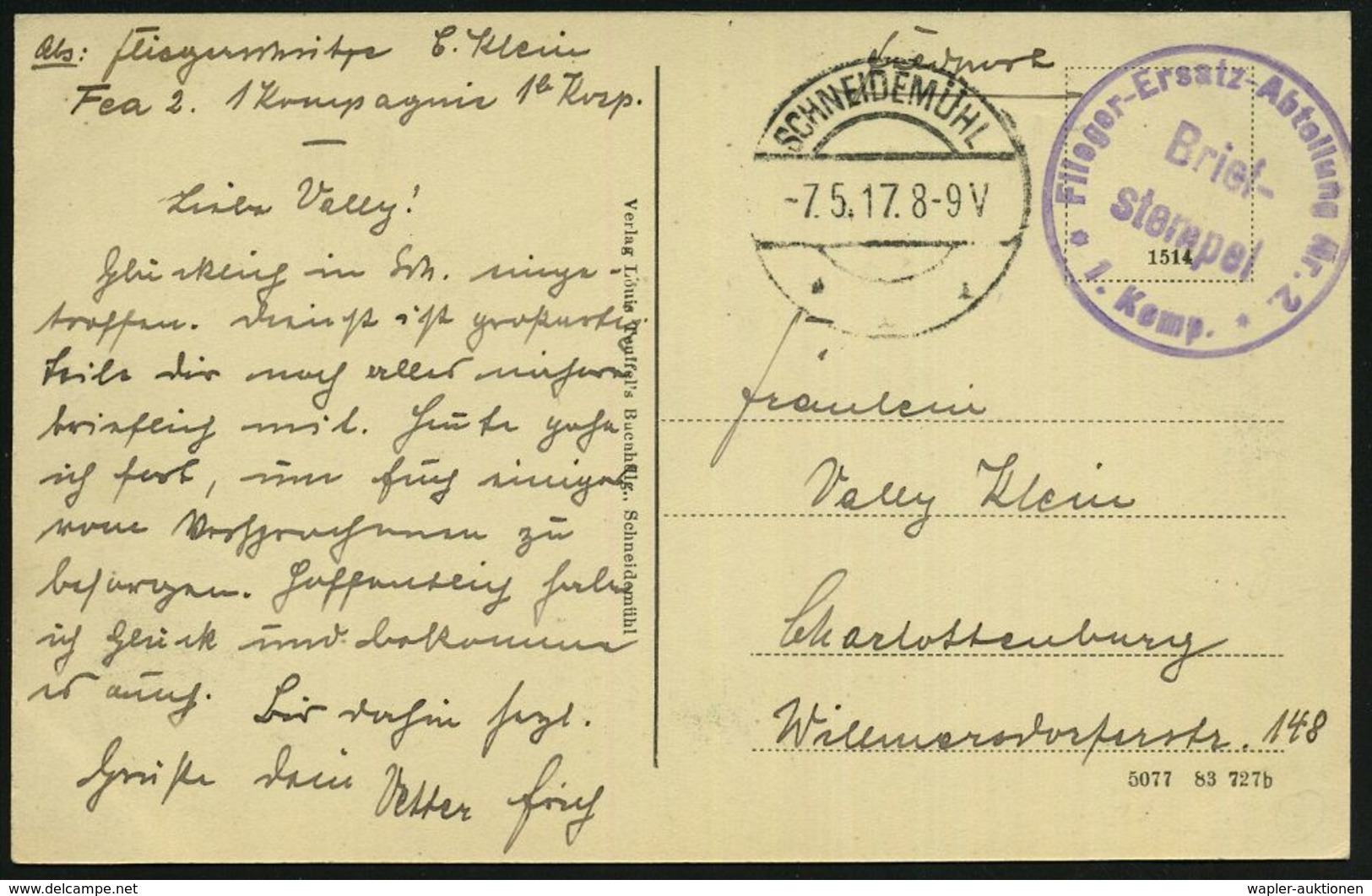 LUFTFELDPOST I. WK : SCHNEIDEMÜHL/ **f 1917 (7.5.) 1K-Brücke + Viol. 1K-HdN: Flieger-Ersatz-Abteilung Nr. 2/1. Kompl. (N - Flugzeuge