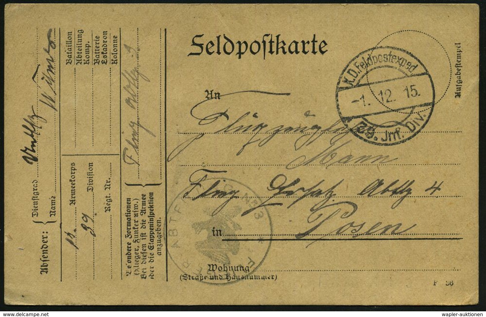 LUFTFELDPOST I. WK : DEUTSCHES REICH 1915 (1.12.) 1K-Brücke: K. D. Feldpostexped/39. Jnf. Div. (Nr.701) + Seltener Viol. - Aerei