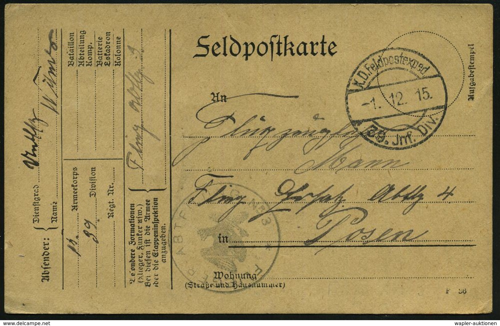 LUFTFELDPOST I. WK : DEUTSCHES REICH 1915 (1.12.) 1K-Brücke: K. D. Feldpostexped/39. Jnf. Div. (Nr.701) + Seltener Viol. - Avions