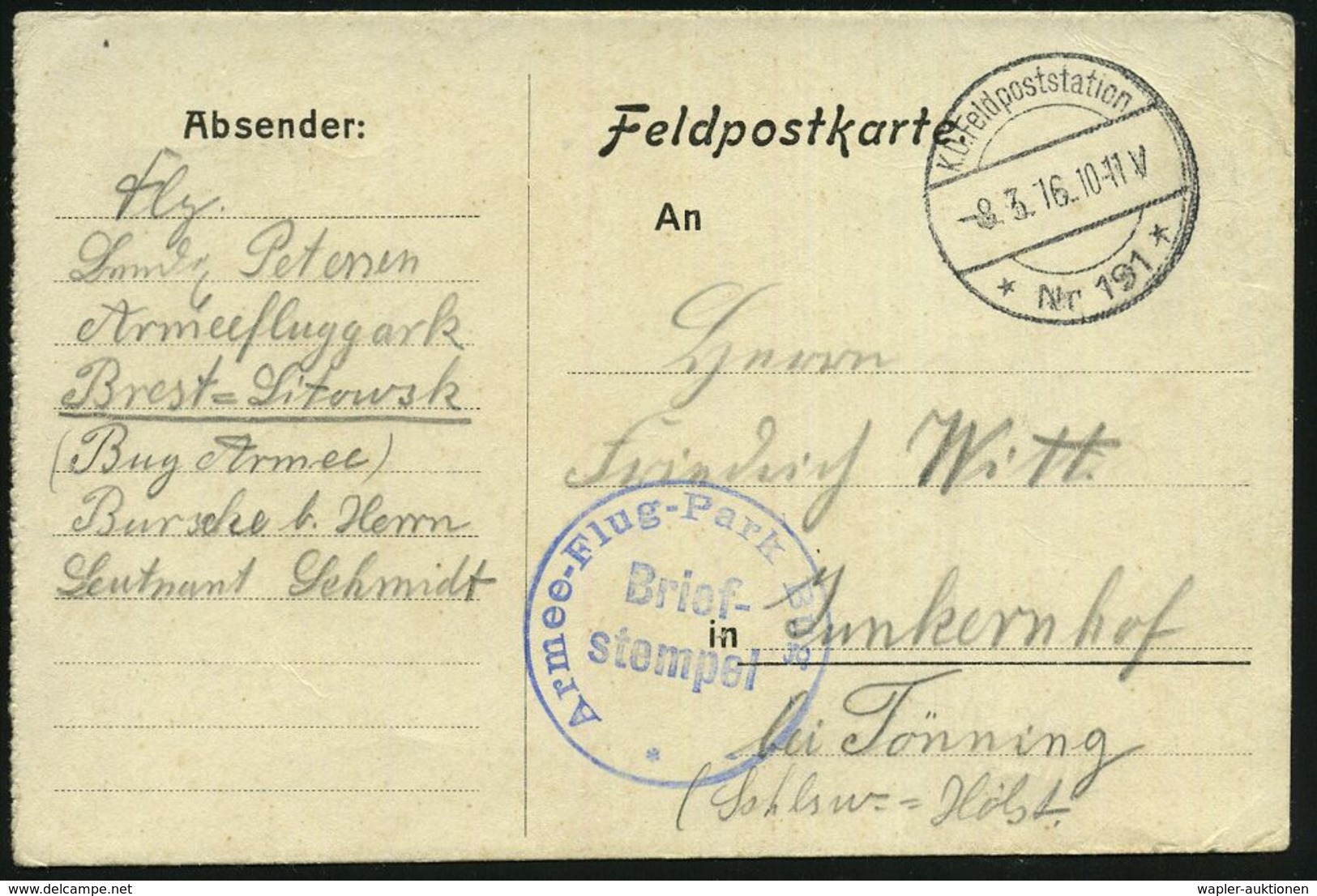 LUFTFELDPOST I. WK : DEUTSCHES REICH 1916 (8.3.) 1K-Brücke: K. D. Feldpoststation/* Nr 191 *  (Nr.2070) + Seltener, Blau - Avions