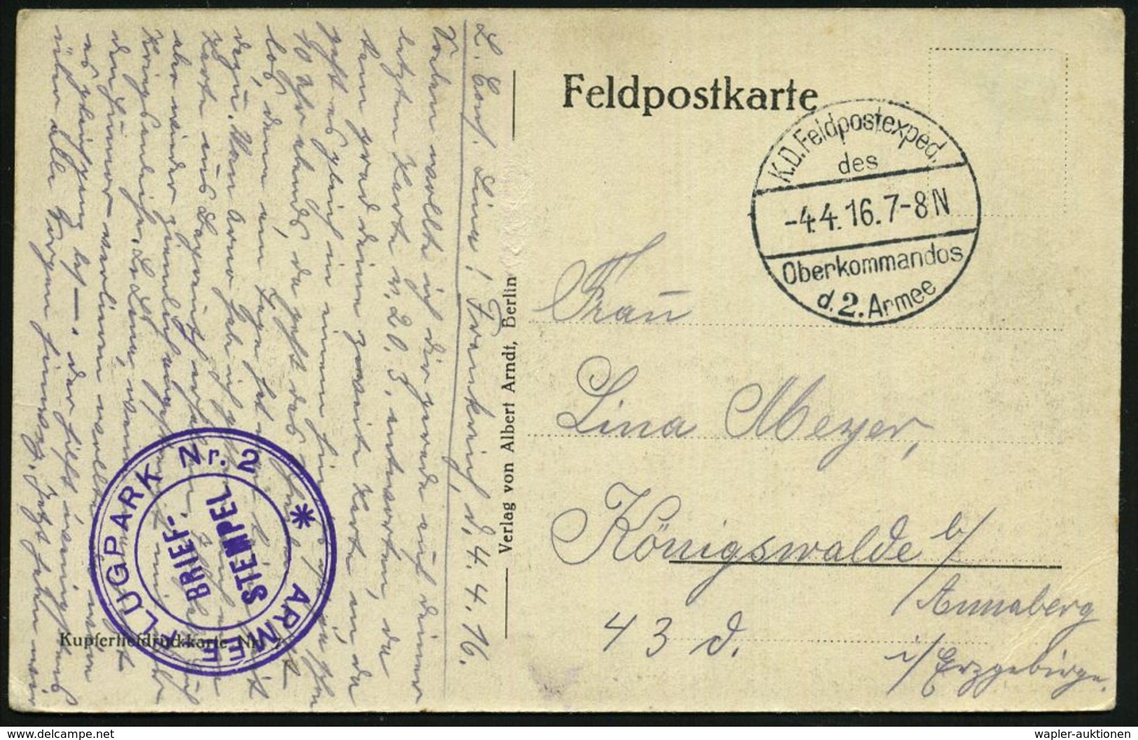 LUFTFELDPOST I. WK : DEUTSCHES REICH 1916 (4.4.) 1K-Segment: K.D. Feldpostexped./des/Oberkommandos/d. 2. Armee (Nr.56) + - Aerei