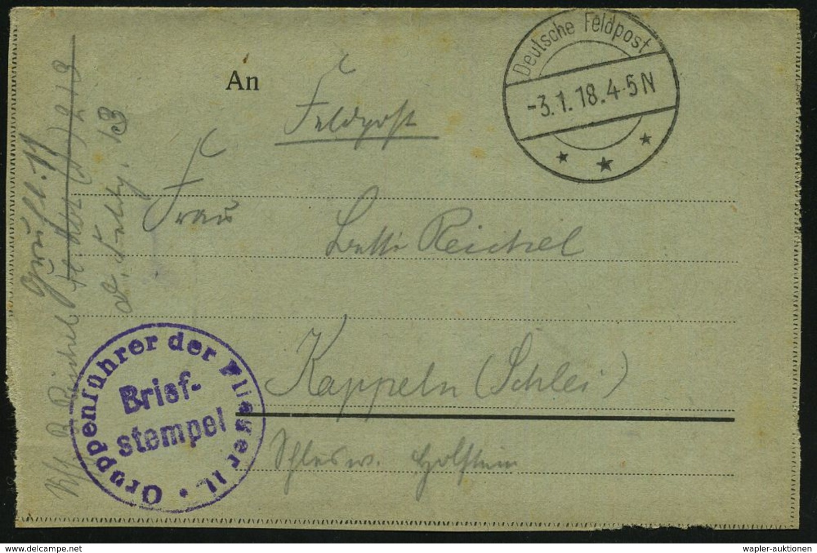 LUFTFELDPOST I. WK : DEUTSCHES REICH 1918 (3.1.) 1K-Brücke: Deutsche Feldpost/*** = Tarnstempel + Viol. 1K-HdN: Gruppenf - Avions