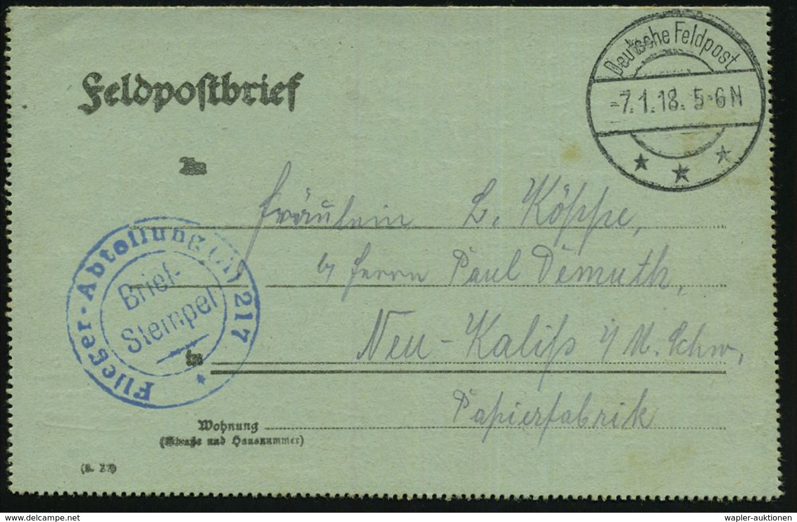 LUFTFELDPOST I. WK : DEUTSCHES REICH 1918 (7.1.) 1K-Brücke: Deutsche Feldpost/*** = Tarnstempel + Seltener, Blauer 2K-Hd - Avions