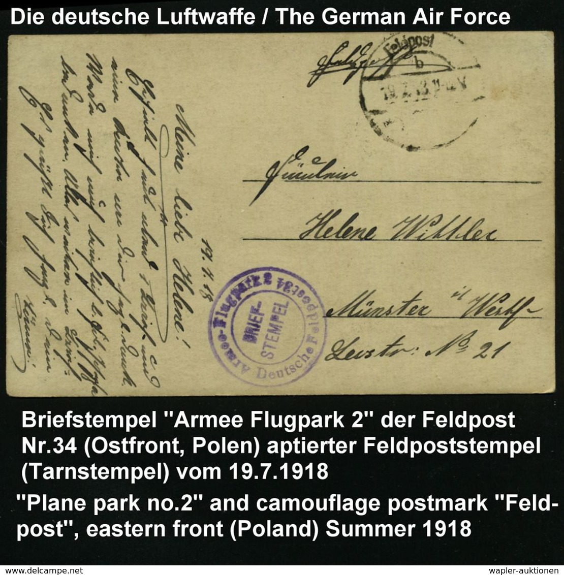 LUFTFELDPOST I. WK : DEUTSCHES REICH 1918 (19.7.) Aptierte 1K-Brücke: Feldpost/b = Tarnstempel + Viol. 2K-HdN: Armee-Flu - Avions