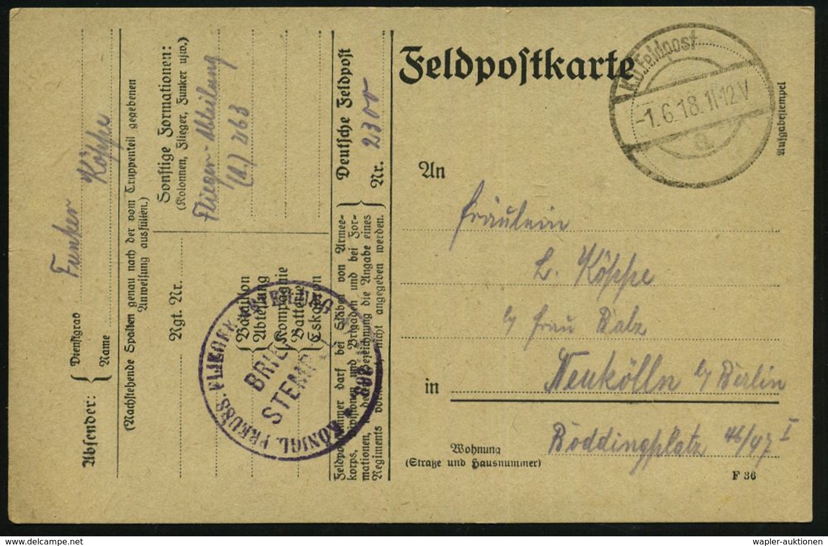 LUFTFELDPOST I. WK : DEUTSCHES REICH 1918 (1.6.) Aptierte 1K-Brücke: K. D. Feldpost/a = Tarnstempel + Seltener, Viol. 1K - Aerei