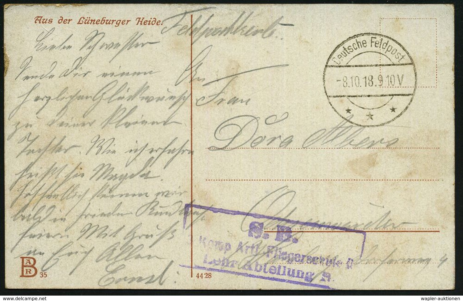 LUFTFELDPOST I. WK : DEUTSCHES REICH 1918 (8.10.) 1K-Brücke: Deutsche Feldpost/*** = Tarnstempel + Viol. Ra.3: ..3. Komp - Airplanes