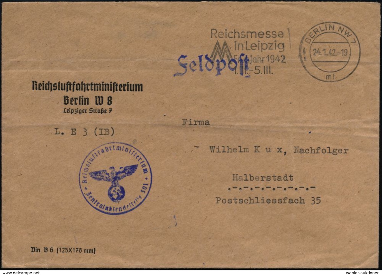 LUFTWAFFE 1939-45 / LUFTFELDPOST II.WK : Berlin W 8 1942 (24.1.) Dienst-Bf.: Reichsluftfahrtministerium + Viol. 1K-HdN:  - Avions