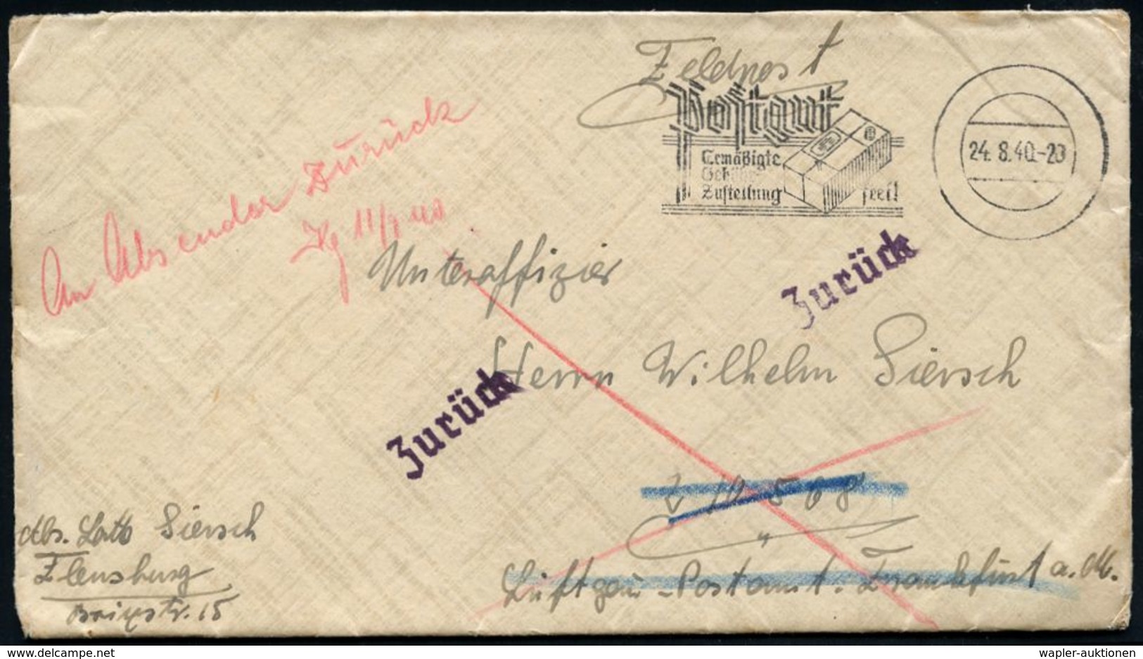 LUFTWAFFE 1939-45 / LUFTFELDPOST II.WK : Flensburg 1940 (24.8.) Stummer MWSt.: Postgut/Ermäßigte/Gebühr/Zustellung Frei! - Avions