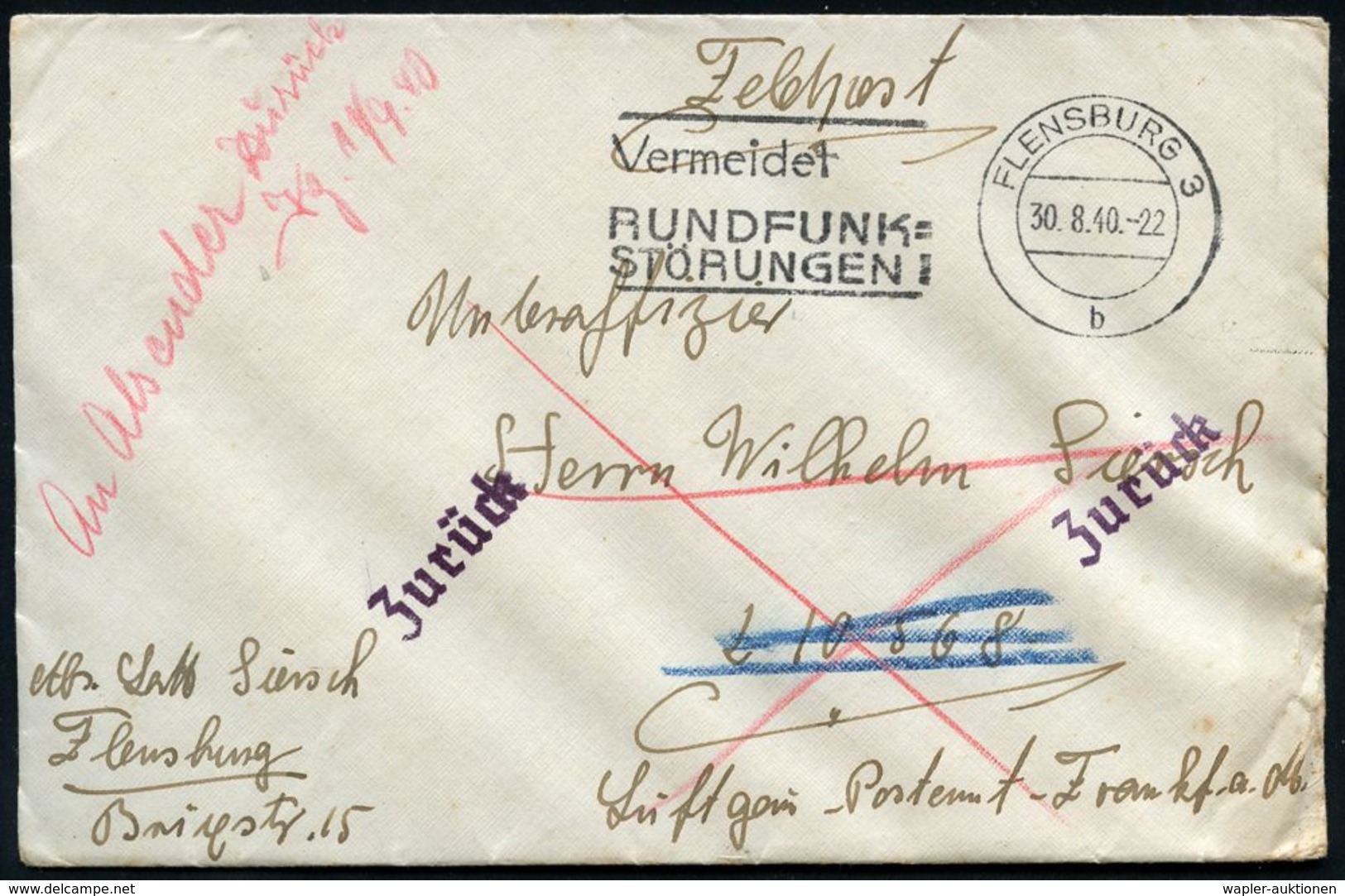 LUFTWAFFE 1939-45 / LUFTFELDPOST II.WK : FLENSBURG 3/ B/ Vermeidet/ RUNDFUNK-/ STÖRUNGEN! 1940 (30.8./1.9.) Je MWSt + 2x - Aerei