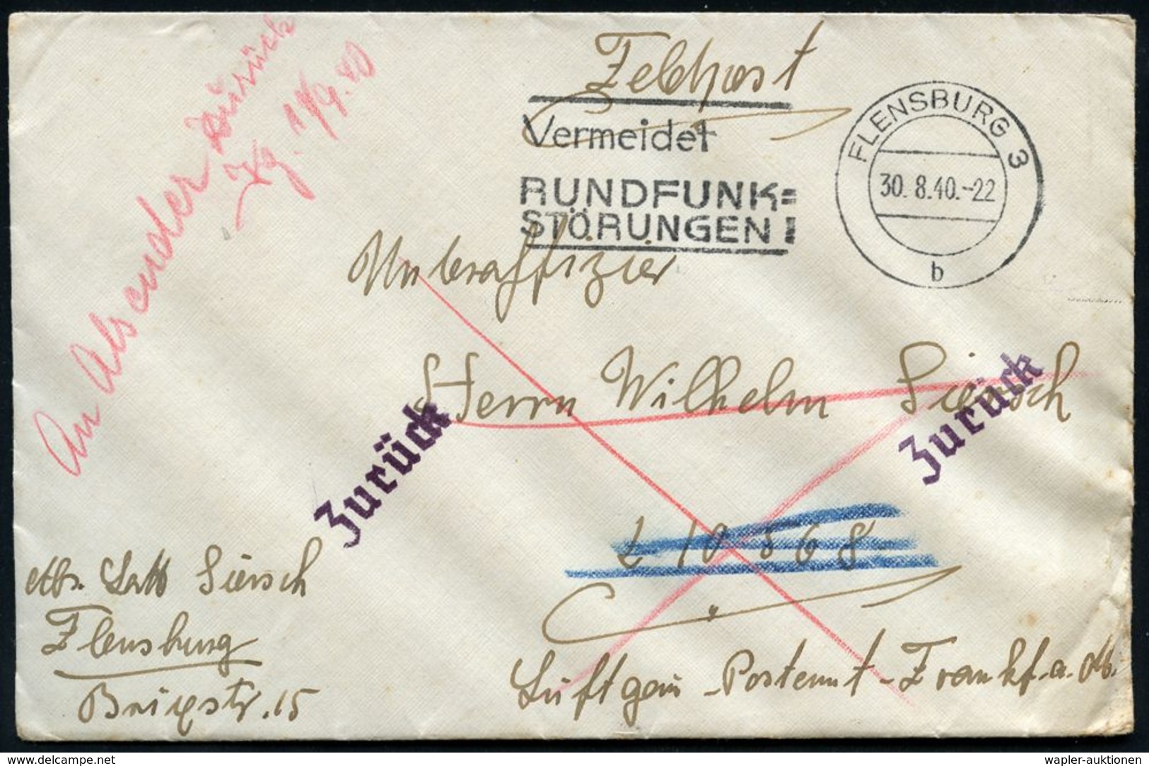 LUFTWAFFE 1939-45 / LUFTFELDPOST II.WK : FLENSBURG 3/ B/ Vermeidet/ RUNDFUNK-/ STÖRUNGEN! 1940 (30.8./1.9.) Je MWSt + 2x - Avions