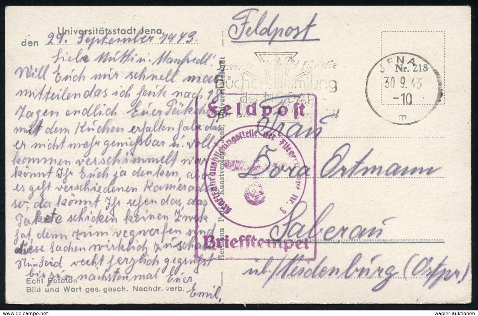 LUFTWAFFE 1939-45 / LUFTFELDPOST II.WK : JENA 1/ M/ ..Büchersammlung/ Der NSDAP 1943 (30.9.) MWSt + Viol. Ra.: Kraftfahr - Avions