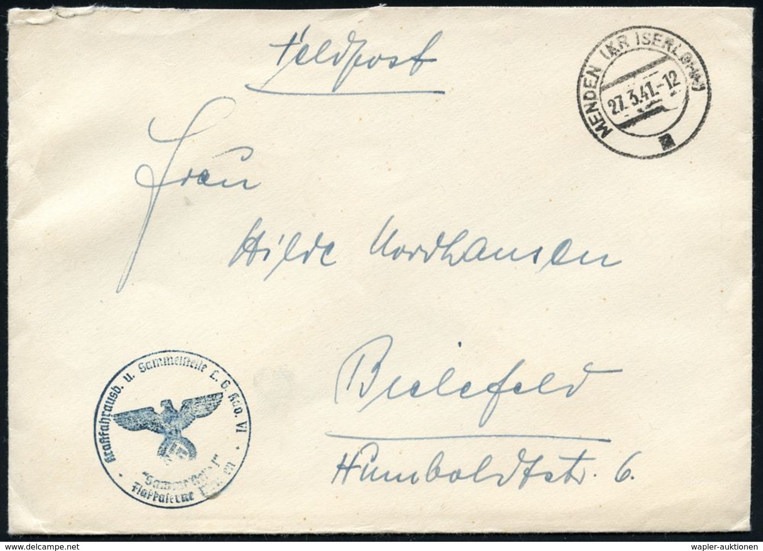 LUFTWAFFE 1939-45 / LUFTFELDPOST II.WK : MENDEN (KR ISERLOHN) 1941 (27.3.) 2K-Steg + Blauer 1K-HdN: Kraftfahrausb.(ildun - Avions