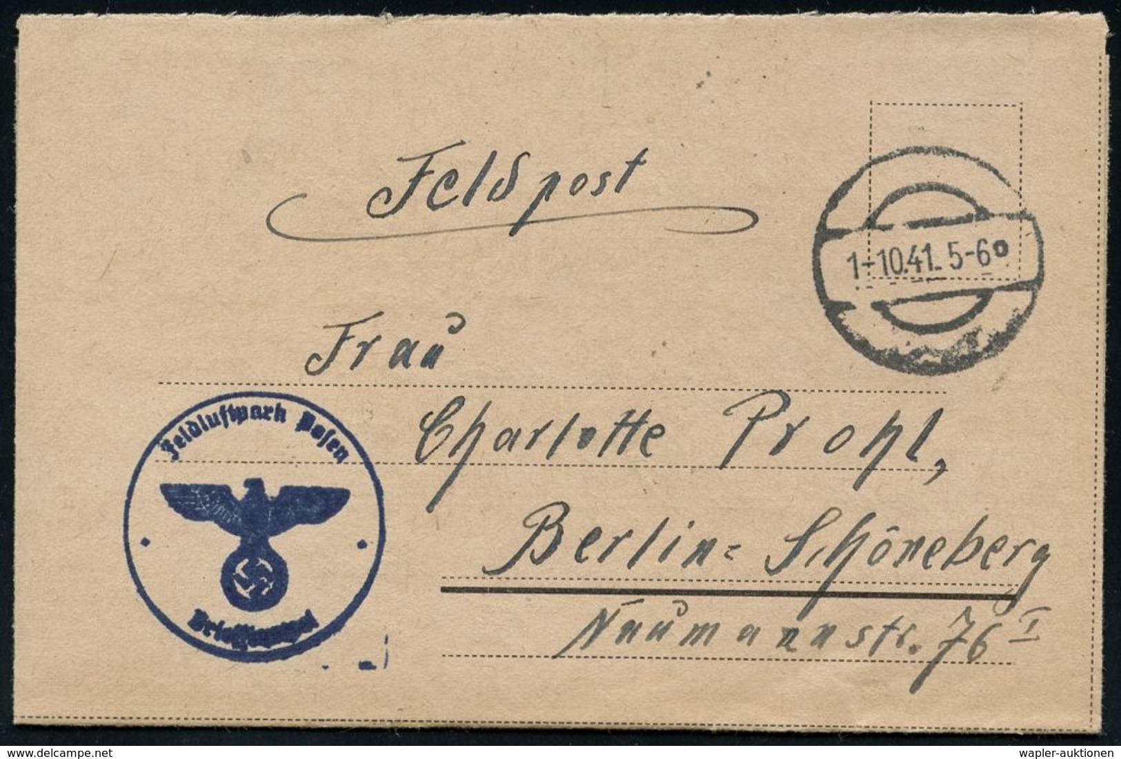 LUFTWAFFE 1939-45 / LUFTFELDPOST II.WK : Posen 1941 (1.10.) Stumme 1K-Brücke = Tarnstempel Posen + Blauer 1K-HdN: Felddl - Airplanes