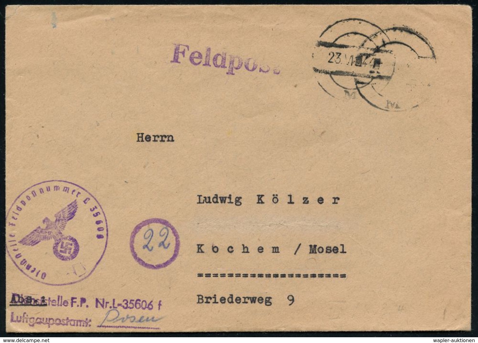 LUFTWAFFE 1939-45 / LUFTFELDPOST II.WK : Posen 1944 (23.VI.) Stumme 1K-Brücke + 2 Viol. Briefstempel: Fp.Nr. L 35606, Lu - Avions