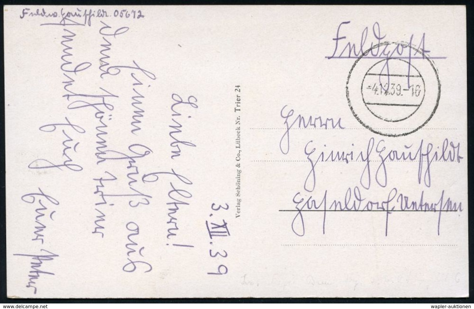 LUFTWAFFE 1939-45 / LUFTFELDPOST II.WK : Trier 1939 (4.12.) Stummer 2K-Steg = Tarnstempel Trier + Hs. Abs. Fp.-Nr. 05672 - Aerei