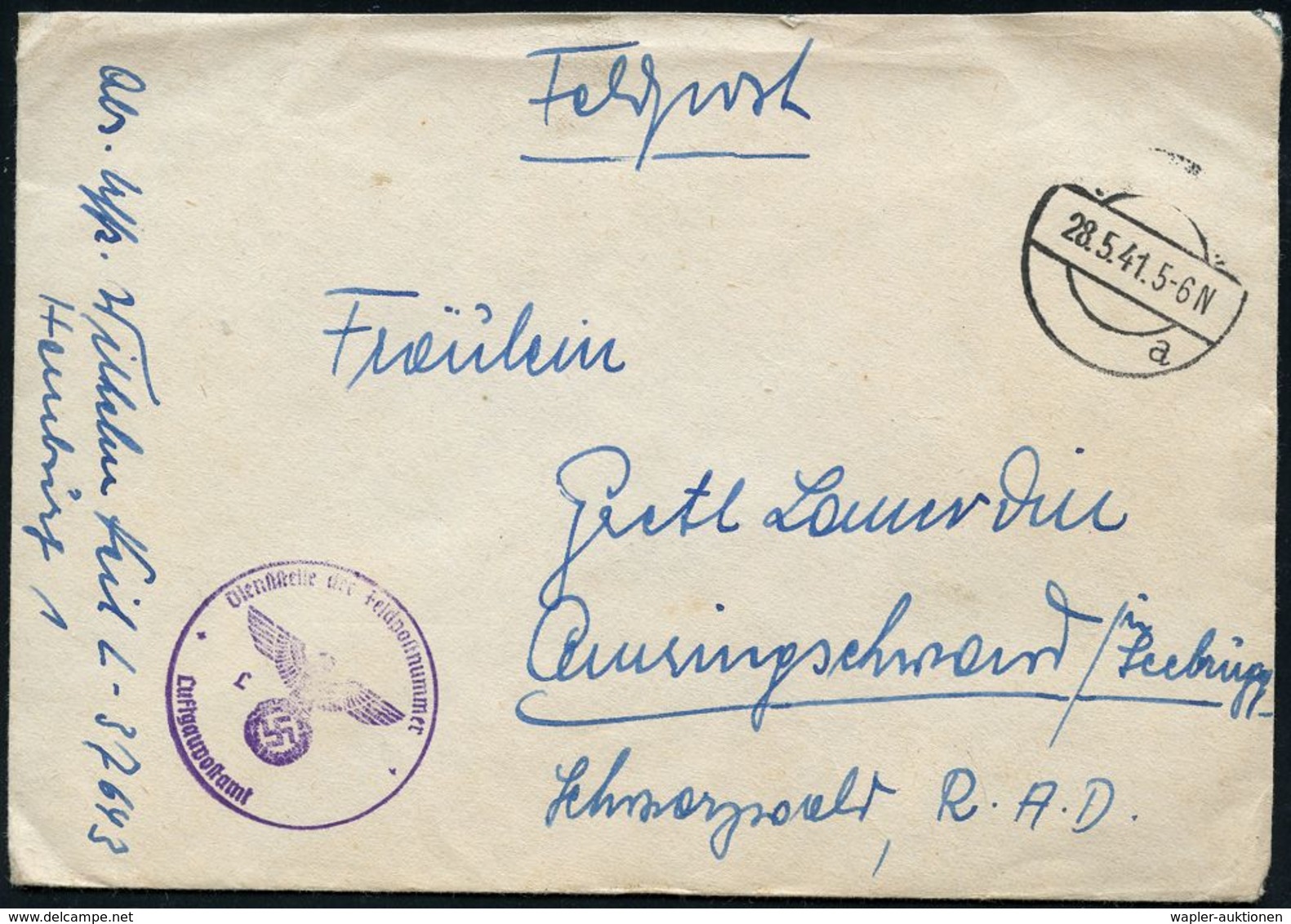 LUFTWAFFE 1939-45 / LUFTFELDPOST II.WK : DEUTSCHES REICH 1941 (Apr./Dez.) 4 Verschiedene Briefstempel: L 26700, 1x Aptie - Airplanes