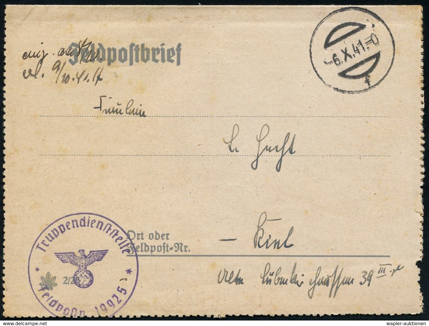 LUFTWAFFE 1939-45 / LUFTFELDPOST II.WK : DEUTSCHES REICH 1941 (6.X.) Stummer, Ehem. österr. 1K = Tarnstempel + Viol. 1K- - Aerei