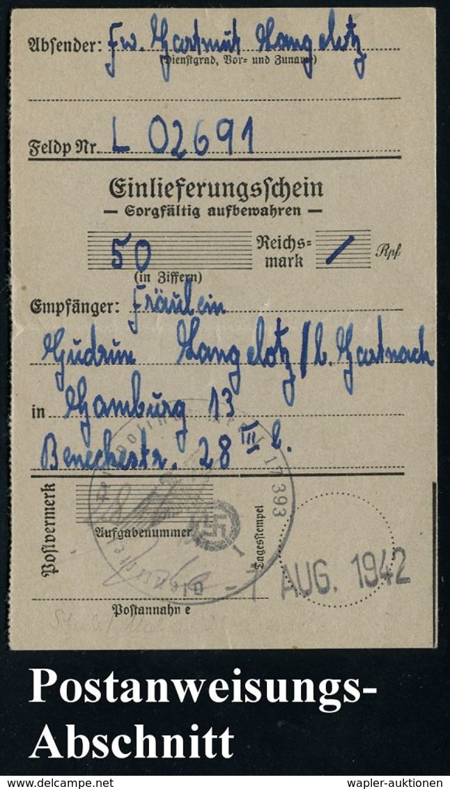 LUFTWAFFE 1939-45 / LUFTFELDPOST II.WK : DEUTSCHES REICH 1942 (7.8.) Briefstempel: Fp.-Nr. L 17 393 = Stab Nah-Aufklärer - Flugzeuge