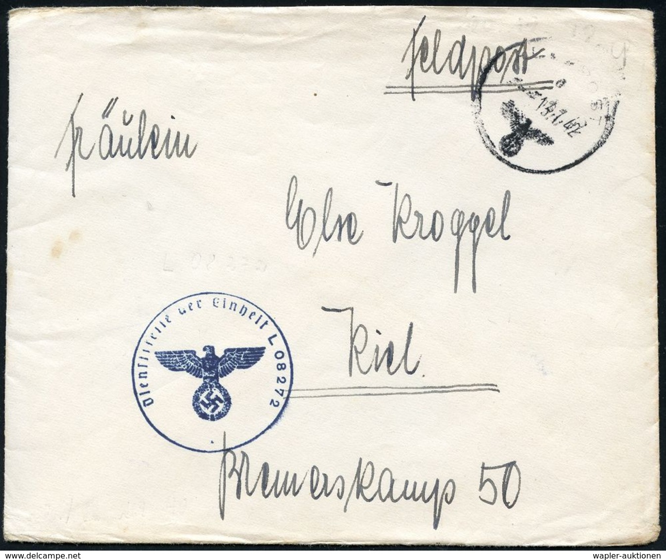 LUFTWAFFE 1939-45 / LUFTFELDPOST II.WK : DEUTSCHES REICH 1942 (13.7.) Blauer Briefstempel: Dienststelle Der Einheit L 08 - Aerei