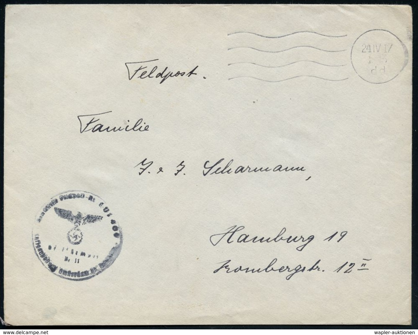 LUFTWAFFE 1939-45 / LUFTFELDPOST II.WK : DT.BES.NIEDERLANDE 1943 (24.4.) Stummer MaWellenSt. = Tarnstempel Amsterdam + V - Airplanes