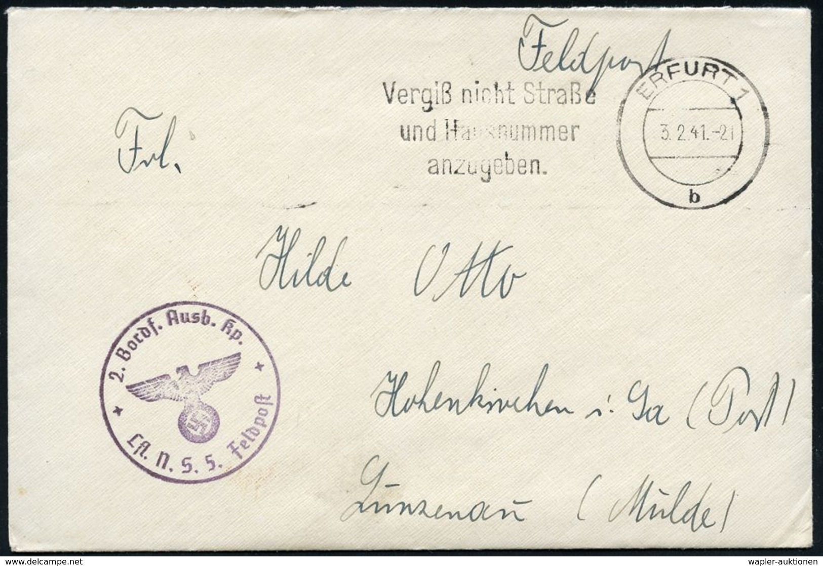 LUFTWAFFEN-FLUGSCHULEN & AKADEMIEN : ERFURT 1/ B/ Vergiß Nicht Straße/ U.Hausnummer.. 1941 (3.2.) MWSt + Viol. 1K-HdN: 2 - Aerei