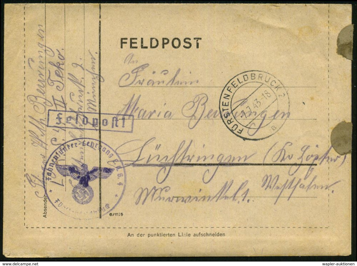 LUFTWAFFEN-FLUGSCHULEN & AKADEMIEN : FÜRSTENFELDBRUCK 2/ A 1943 (7.7.) 2K + Viol. 1K-HdN: Fahnenjunker-Lehrgang L.(uft)  - Aerei