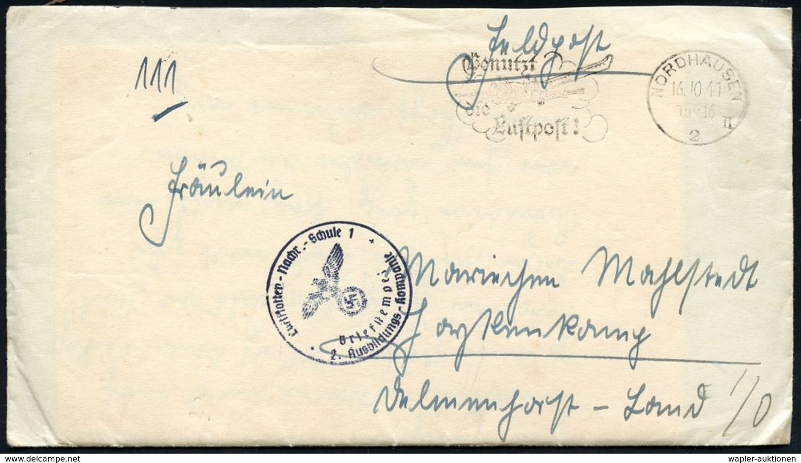 LUFTWAFFEN-FLUGSCHULEN & AKADEMIEN : NORDHAUSEN/ 2/ II/ Benutzt/ Die/ Luftpost! 1941 (14.10.) MWSt + Blauer 1K-HdN: Luft - Aerei
