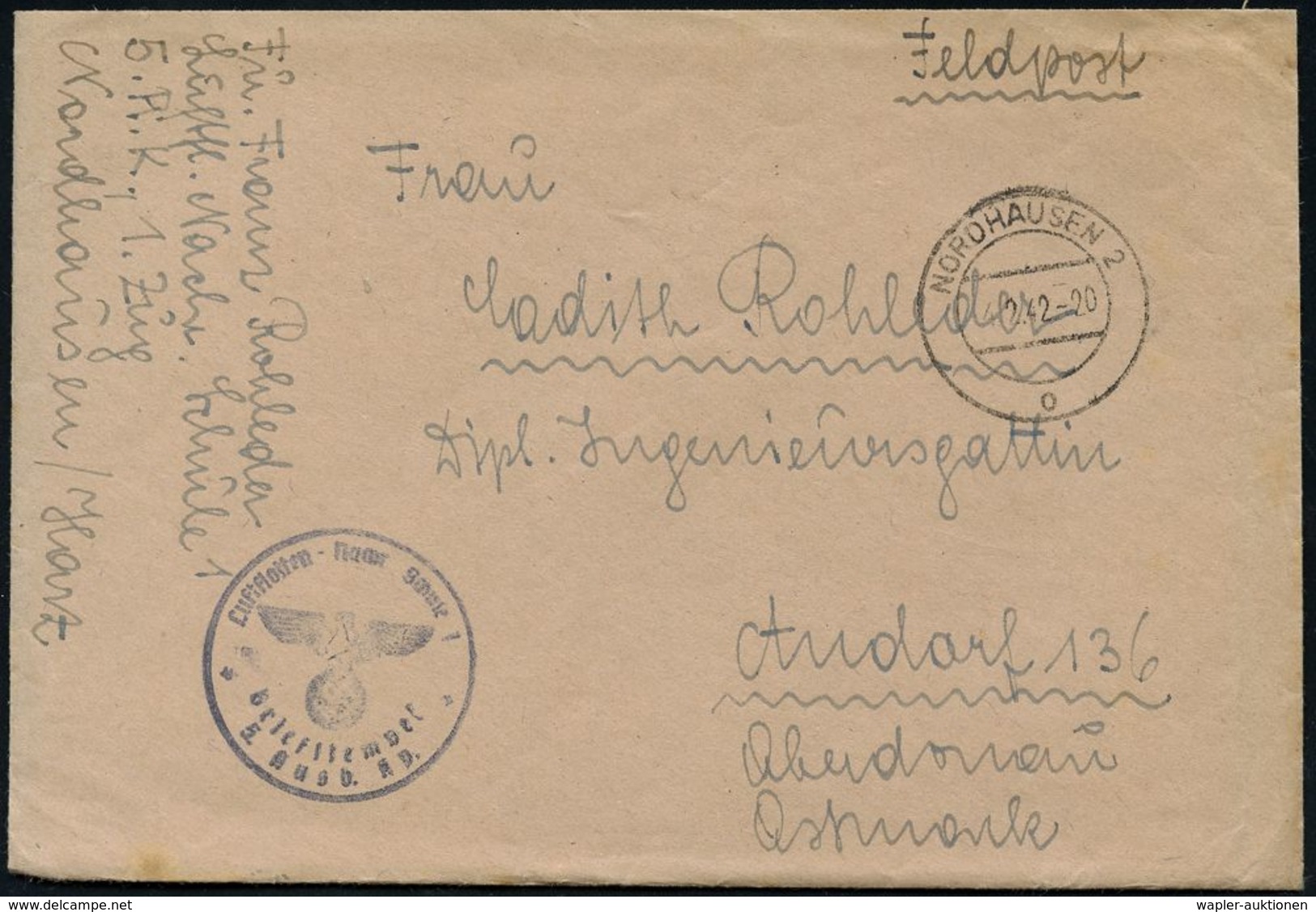 LUFTWAFFEN-FLUGSCHULEN & AKADEMIEN : NORDHAUSEN 2/ O 1942/43 3x 2K-Steg + 3 Verschiedene, Viol. 1K-Hdn: Luftflotten-Nach - Airplanes