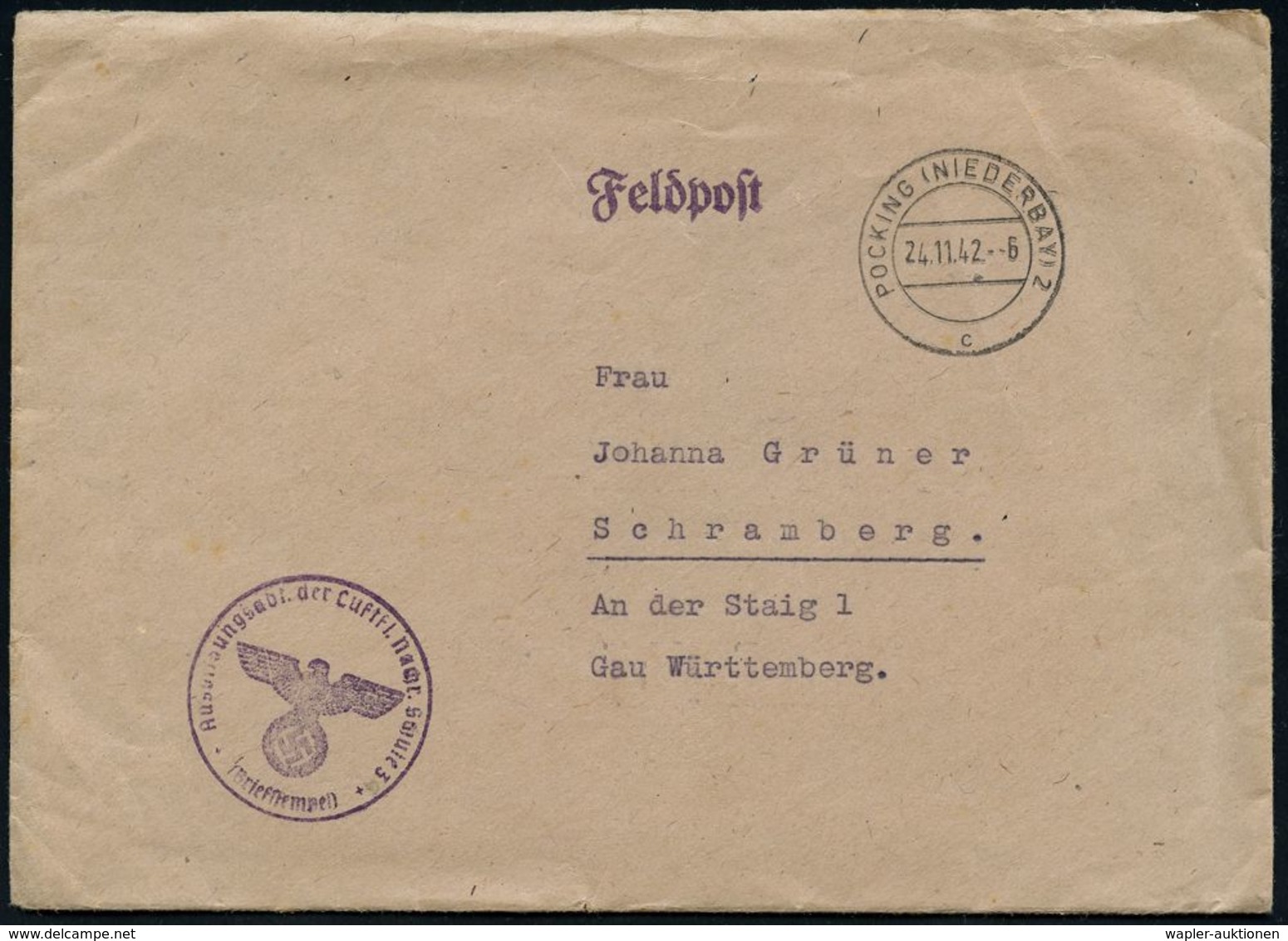 LUFTWAFFEN-FLUGSCHULEN & AKADEMIEN : POCKING (NIEDERBAY) 2/ C 1942 (24.11.) 2K-Steg + Viol. 1K-HdN: Ausbildungsabt. Der  - Airplanes