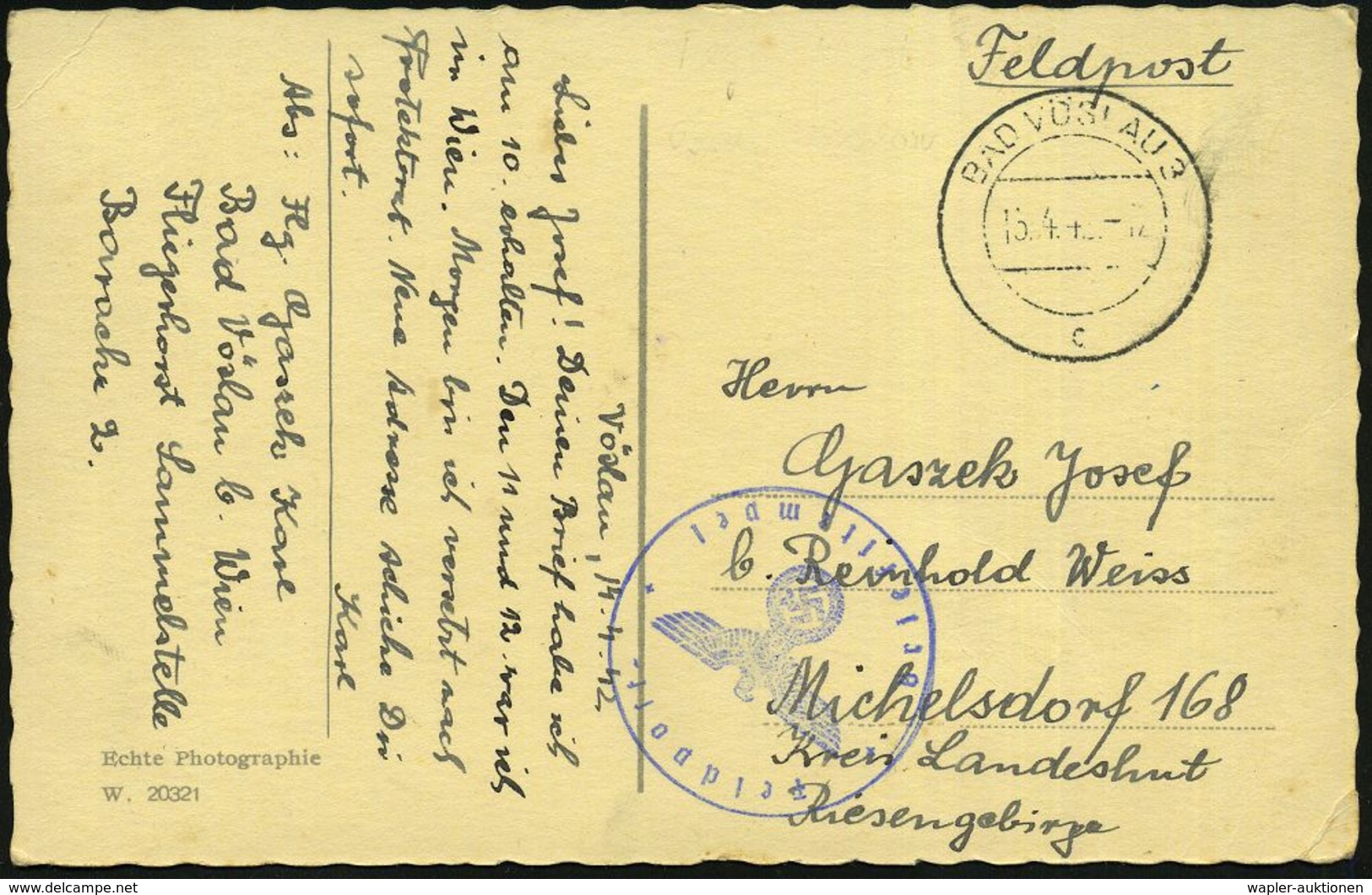 FLIEGERHORST / MILITÄRFLUGHAFEN : BAD VÖSLAU 3/ C 1942 (15.4.) 2K-Steg + Viol. 1K-HdN: Feldpost/Briefstempel + Hs. Abs.: - Aerei