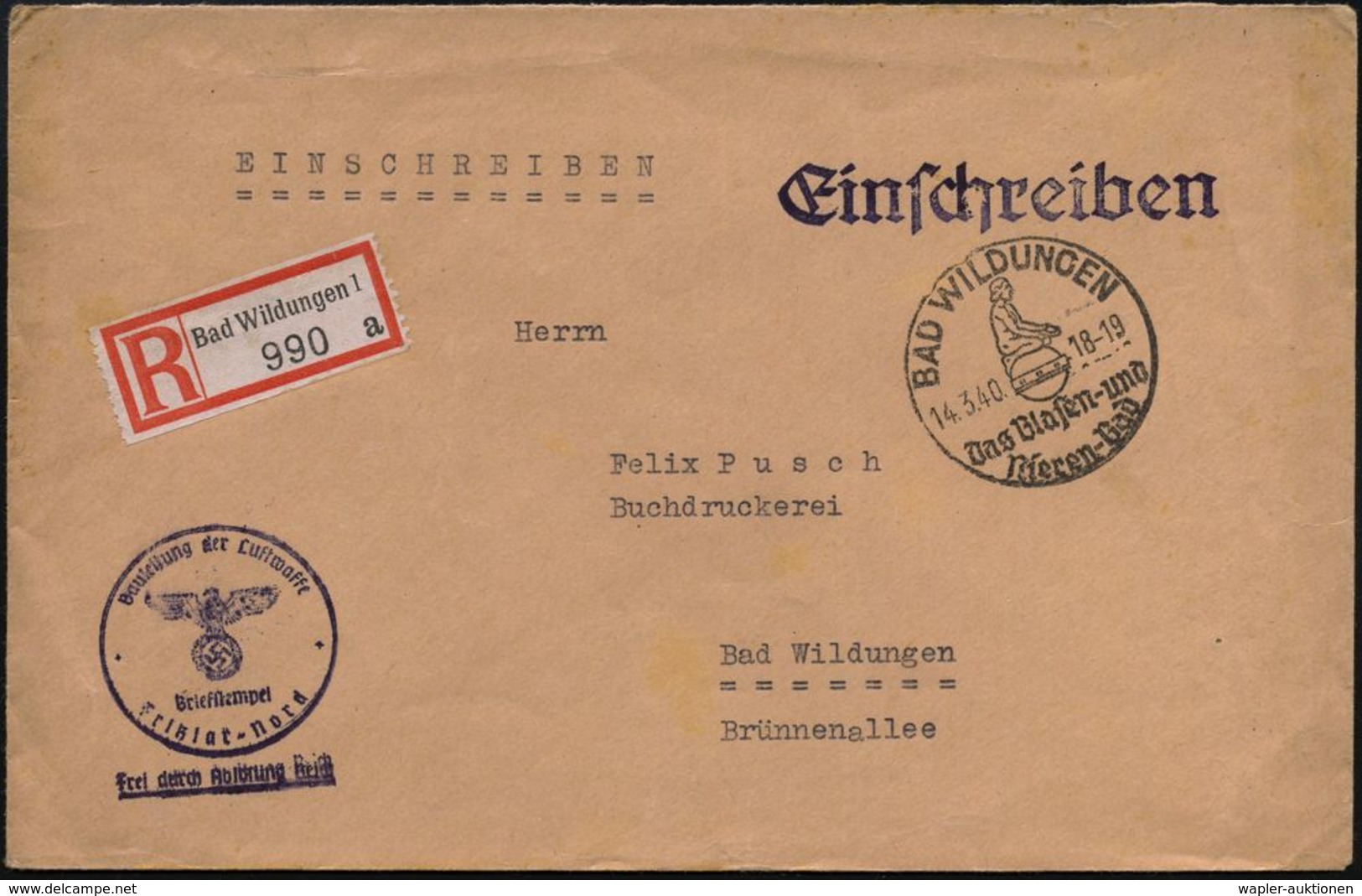 FLIEGERHORST / MILITÄRFLUGHAFEN : BAD WILDUNGEN/ Das Blasen-u./ Nieren-Bad 1940 (14.3.) HWSt (Brunnennymphe) + RZ: Bad W - Aerei