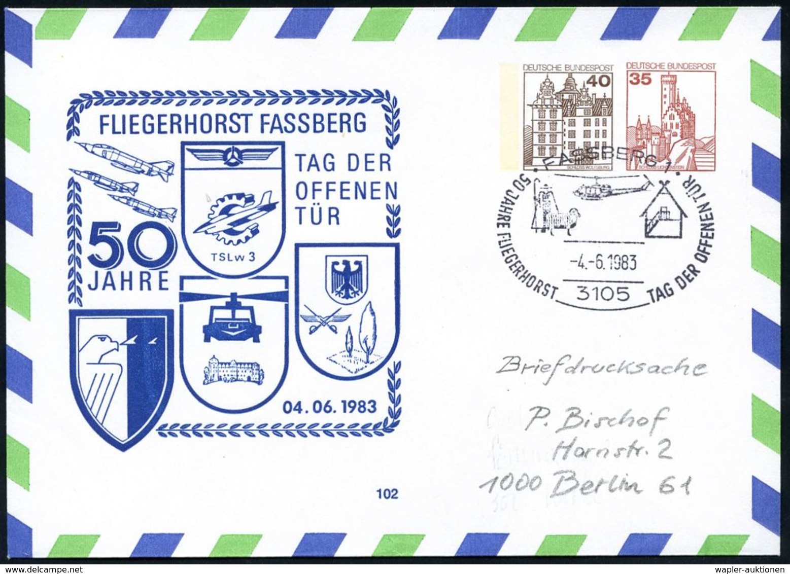 FLIEGERHORST / MILITÄRFLUGHAFEN : 3105 FASSBERG 1/ 50 JAHRE FLIEGERHORST/ TAG DER BRIEFMARKE 1983 (4.6.) SSt = Helikopte - Aerei