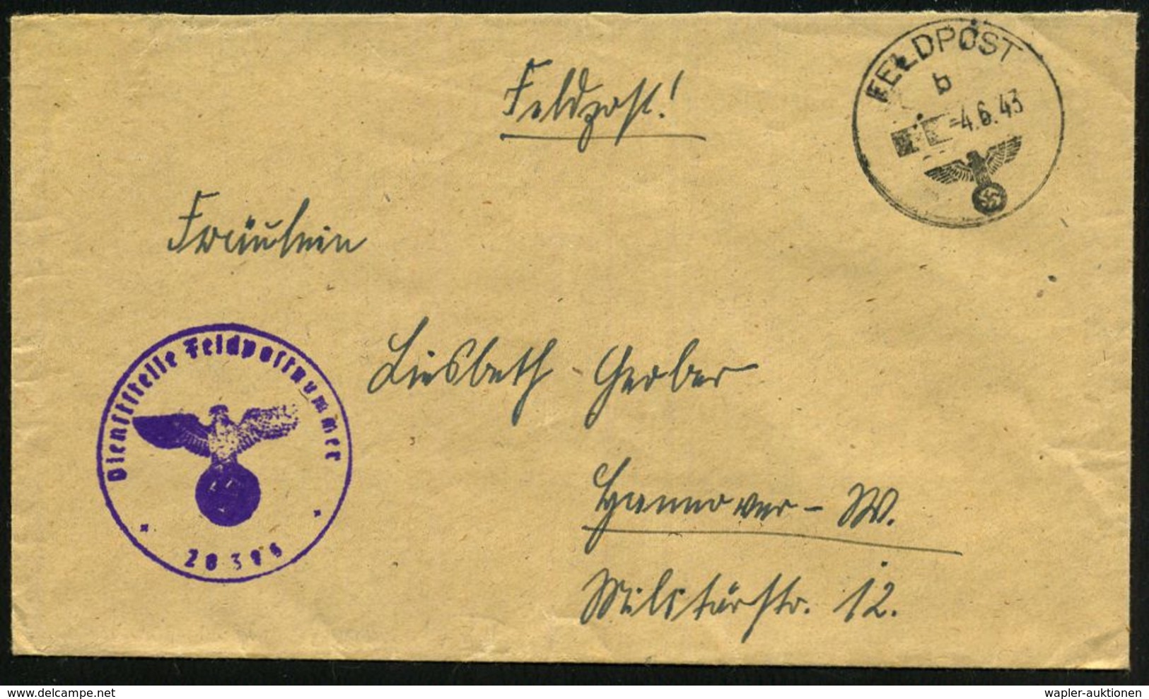 FLIEGERHORST / MILITÄRFLUGHAFEN : DEUTSCHES REICH 1943 (4.6.) 1K: FELDPOST/b/--- + Viol. 1K-HdN: ..Feldpostnummer 20 386 - Vliegtuigen