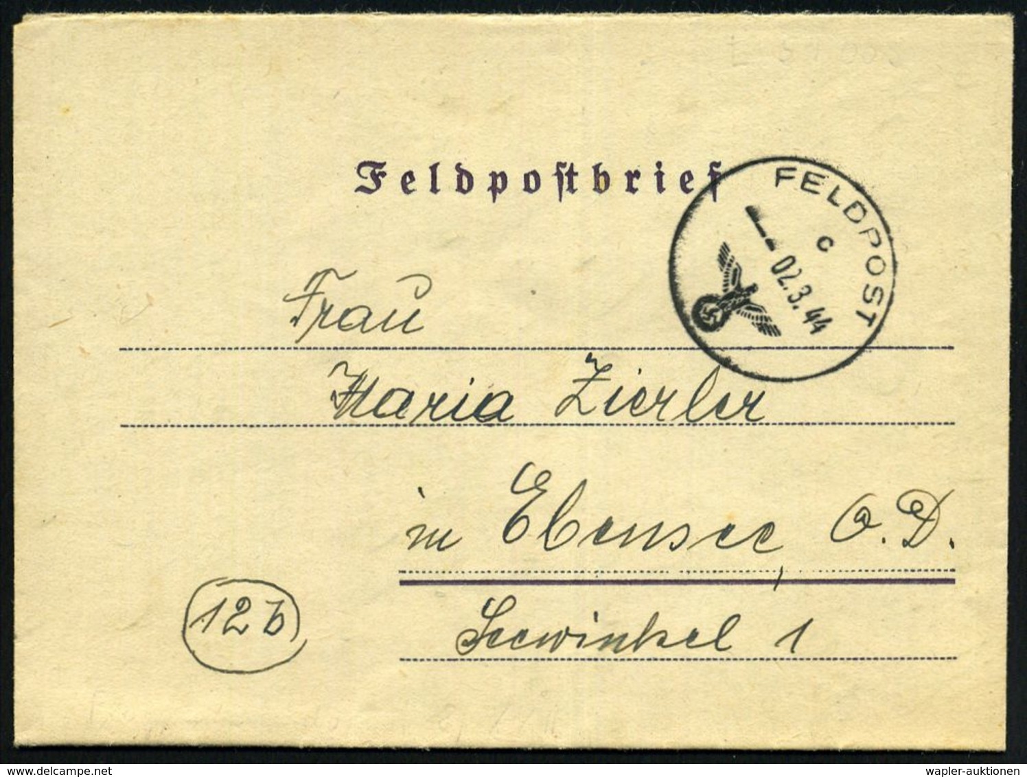 FLIEGERHORST / MILITÄRFLUGHAFEN : DEUTSCHES REICH 1944 (2.3.) 1K: FELDPOST/c/--- + Rs. Hs. Abs.: ".. L 51 009, Lgpa Wien - Aerei