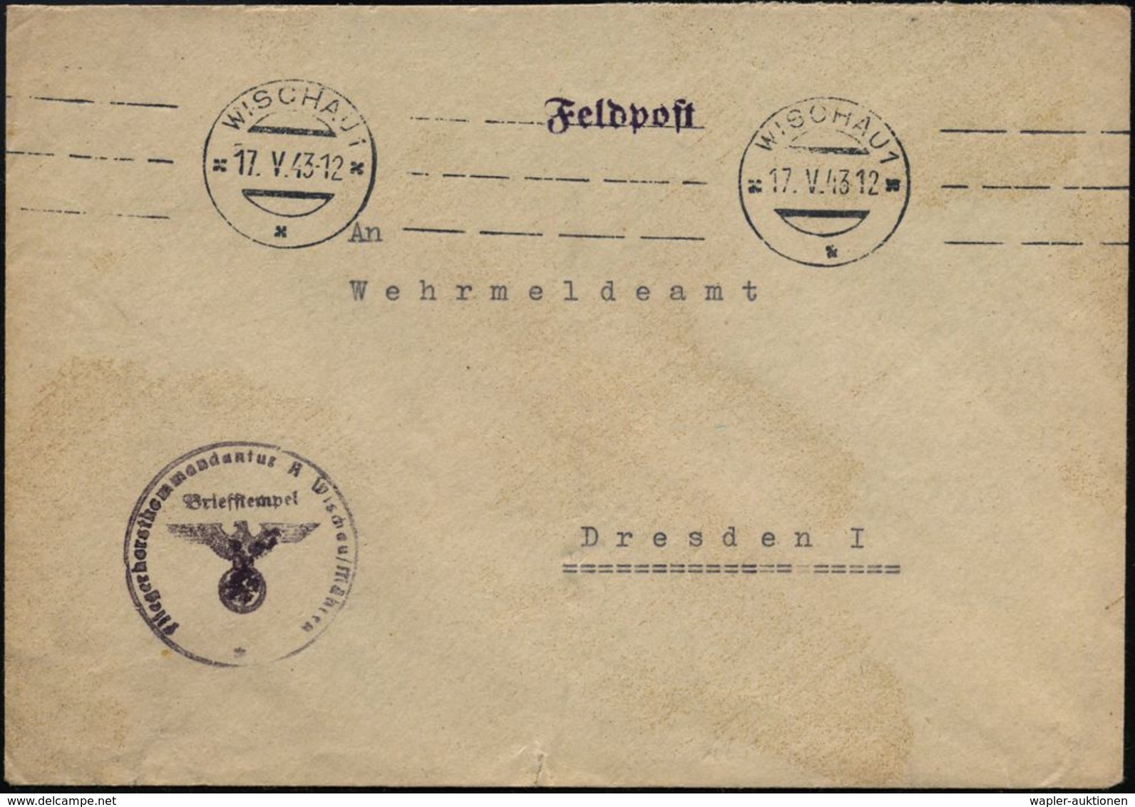 FLIEGERHORST / MILITÄRFLUGHAFEN : BÖHMEN & MÄHREN 1943 (17.5.) BdMaSt: WISCHAU/***  (3 Striche) + HdN: Fliegerhorstkomma - Avions