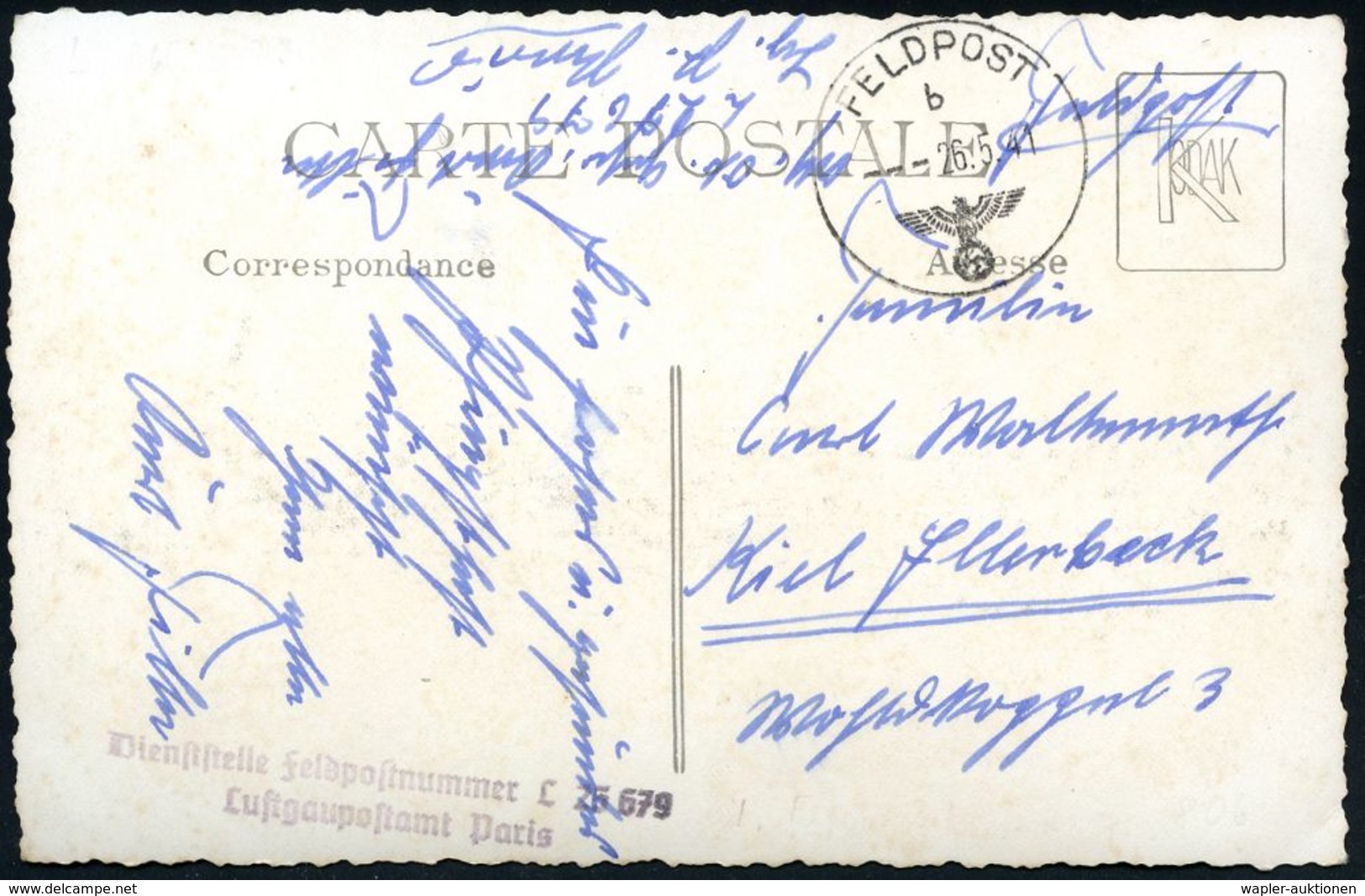 FLIEGERHORST / MILITÄRFLUGHAFEN : DT.BES.FRANKREICH 1941 (26.5.) 1K: FELDPOST/b/--- + Viol. 2L: Fp.-Nr. L 25 679/ Luftga - Avions