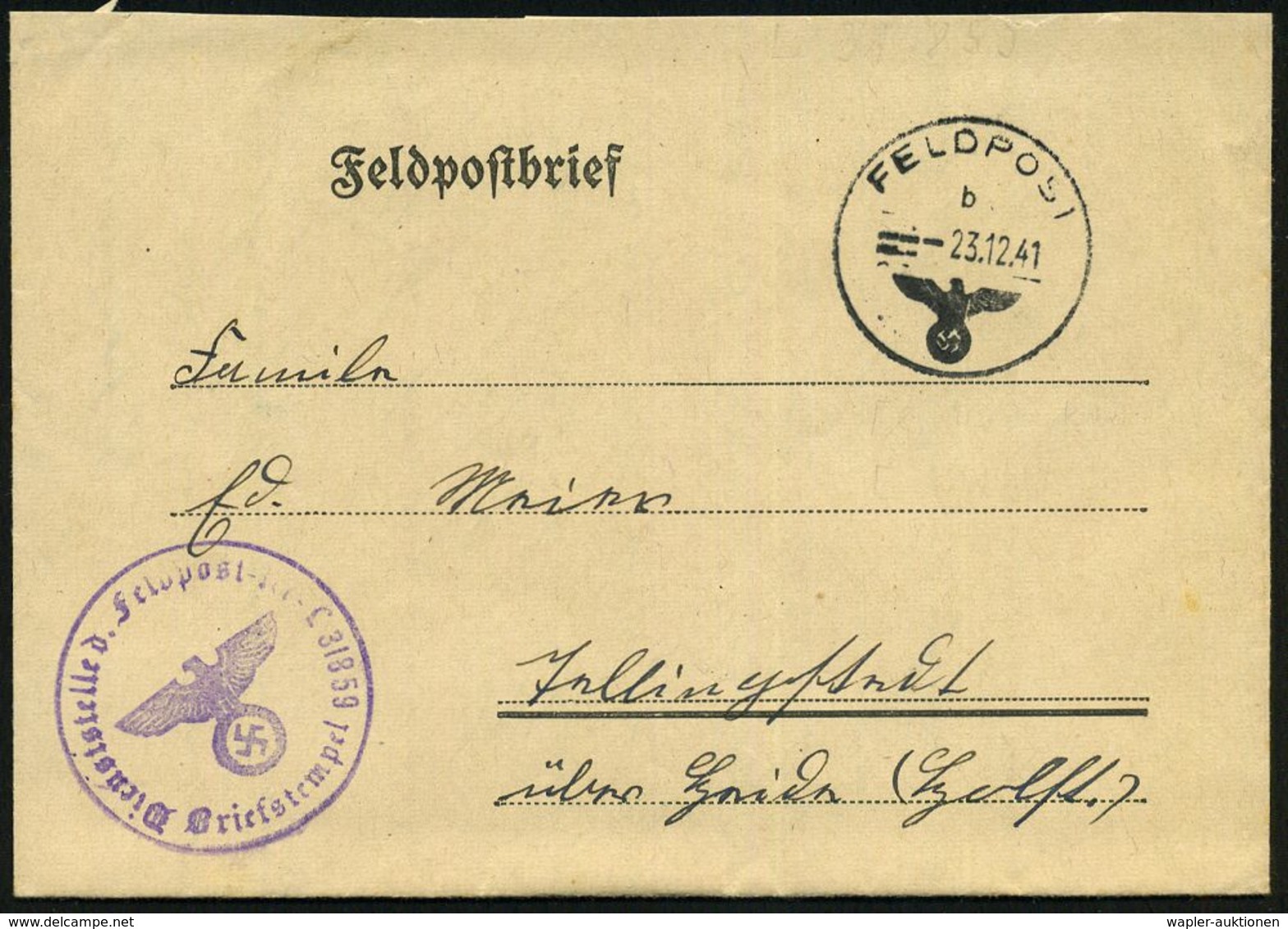 FLIEGERHORST / MILITÄRFLUGHAFEN : DT.BES.FRANKREICH 1941 (23.12.) 1K: FELDPOST/b/--- + Viol. 1K-HdN: Feldpostnr. L 31859 - Aerei