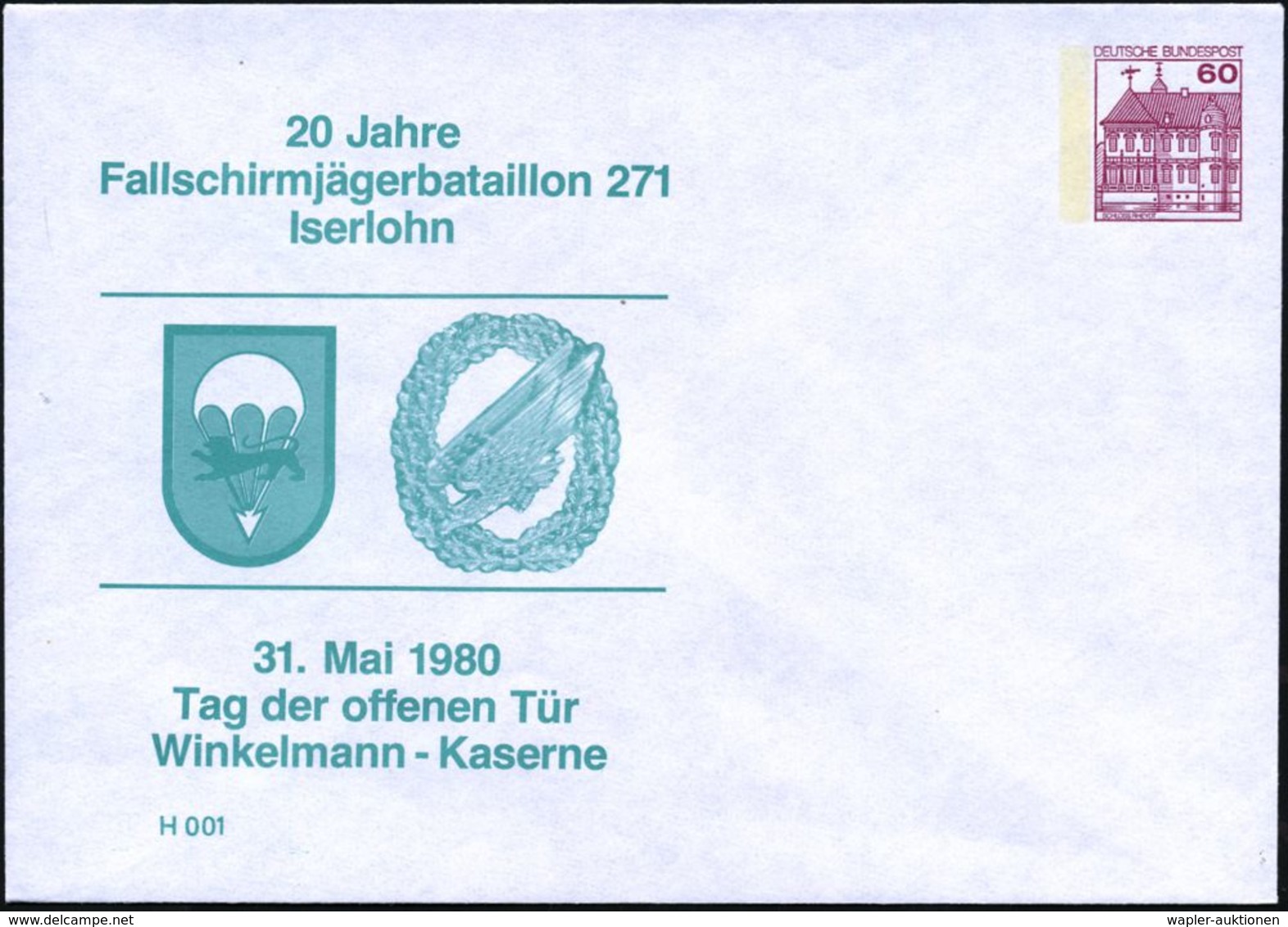 FALLSCHIRM-THEMATIK / FALLSCHIRMSPORT : Iserlohn 1980 (31.5.) PU 60 Pf. Burgen: 20 Jahre Fallschirmjägerbataillon 271 =  - Parachutting