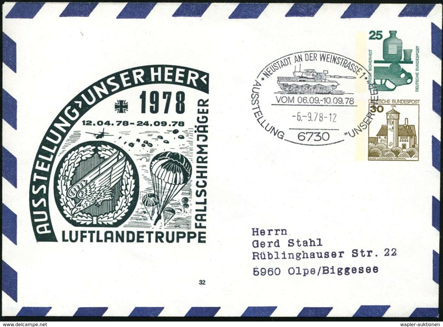 FALLSCHIRM-THEMATIK / FALLSCHIRMSPORT : 6730 NEUSTADT AN DER WEINSTRASSE 1/ AUSSTELLUNG "UNSER HEER" 1978 (6.9.) SSt (Pa - Parachutisme