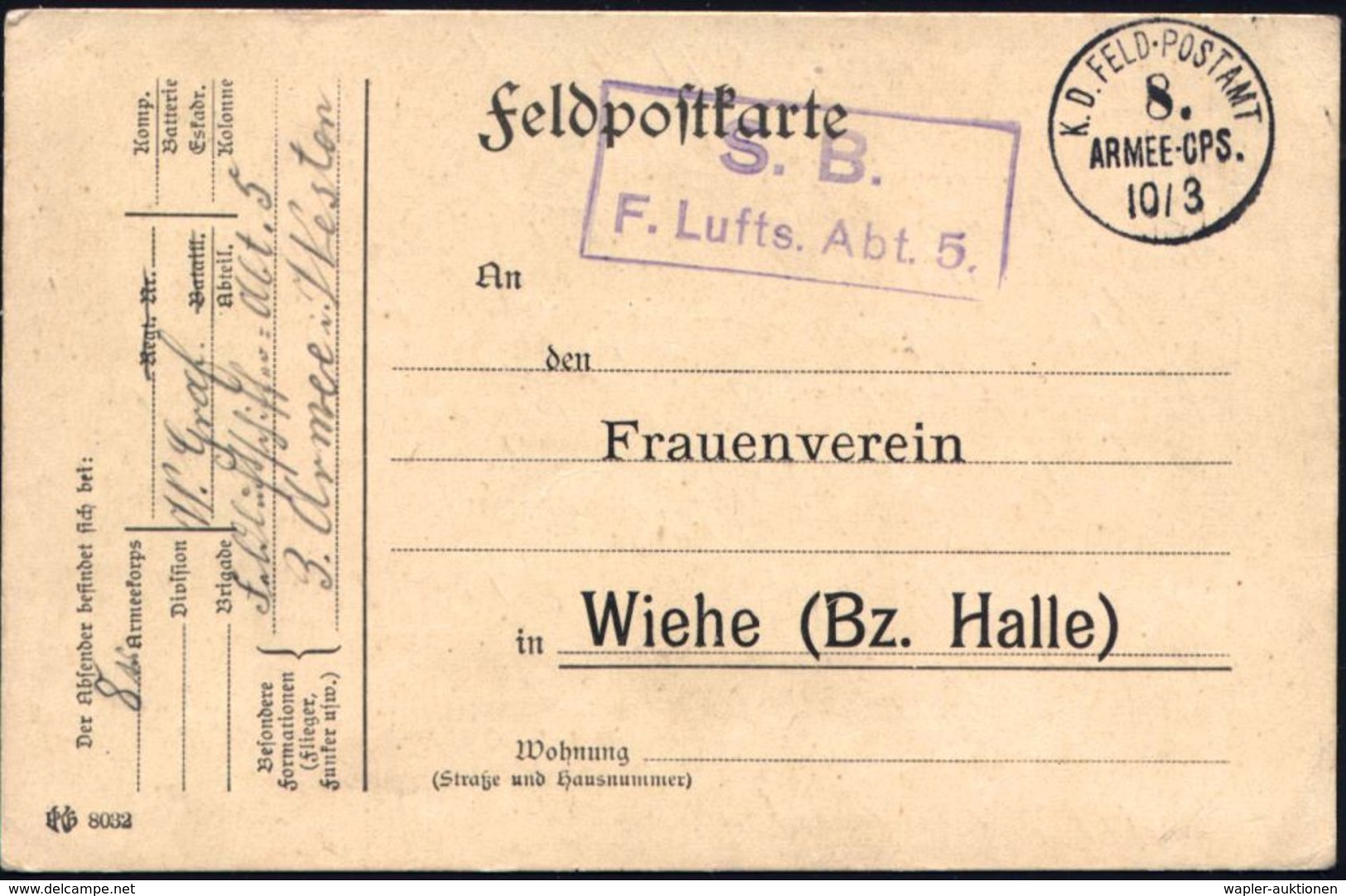 LUFTFELDPOST 1914-18 LUFTSCHIFFE & LUFTSCHIFFER-EINHEITEN : DEUTSCHES REICH 1915 (10.3.) 1K: K.D. FELDPOSTAMT/8./Armee-C - Zeppelins