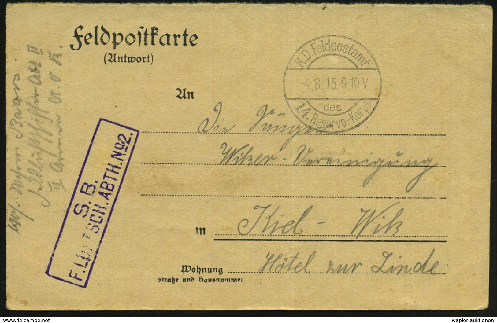 LUFTFELDPOST 1914-18 LUFTSCHIFFE & LUFTSCHIFFER-EINHEITEN : DEUTSCHES REICH 1915 (4.8.) 1K-Brücke: K. D. Feldpostamt/des - Zeppeline