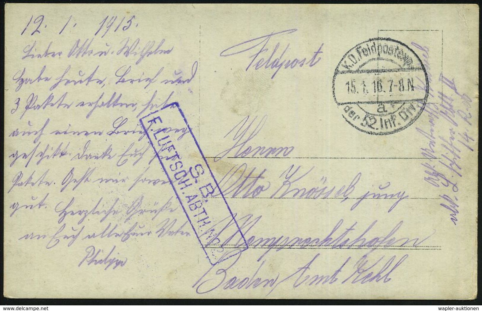 LUFTFELDPOST 1914-18 LUFTSCHIFFE & LUFTSCHIFFER-EINHEITEN : DEUTSCHES REICH 1916 (15.1.) 1K-Brücke: K. D. Feldpostexp./a - Zeppelin