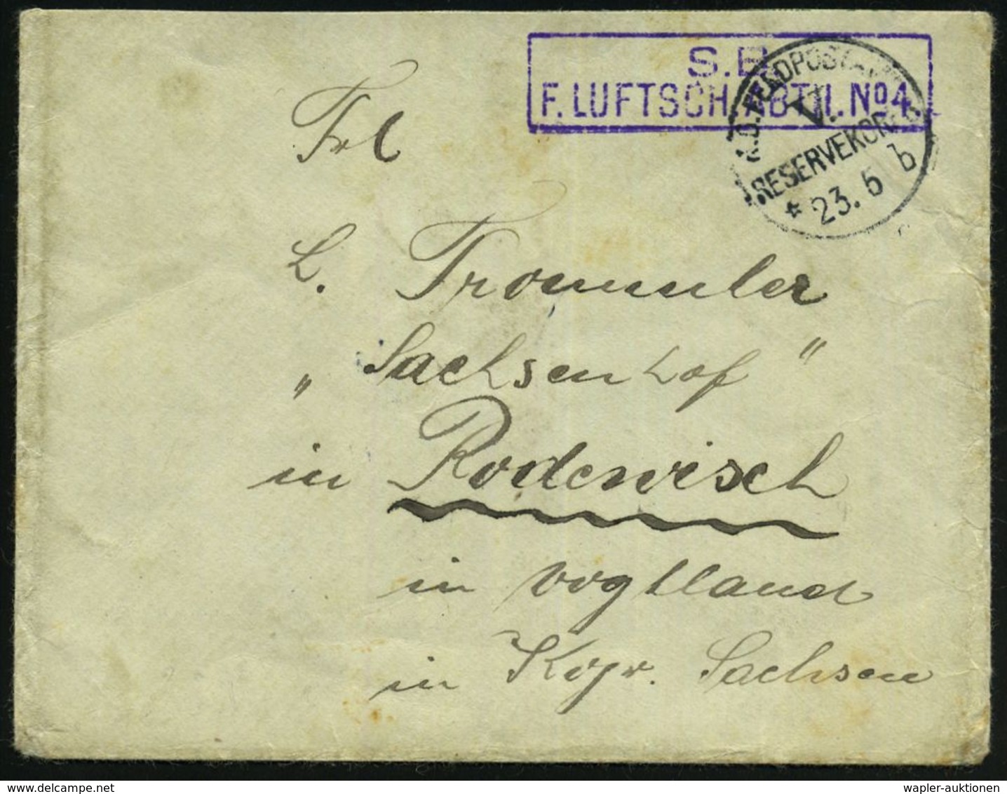 LUFTFELDPOST 1914-18 LUFTSCHIFFE & LUFTSCHIFFER-EINHEITEN : DEUTSCHES REICH 1916 (23.5.) 1K: K. D. FELDPOSTAMT/V./ RESER - Zeppeline