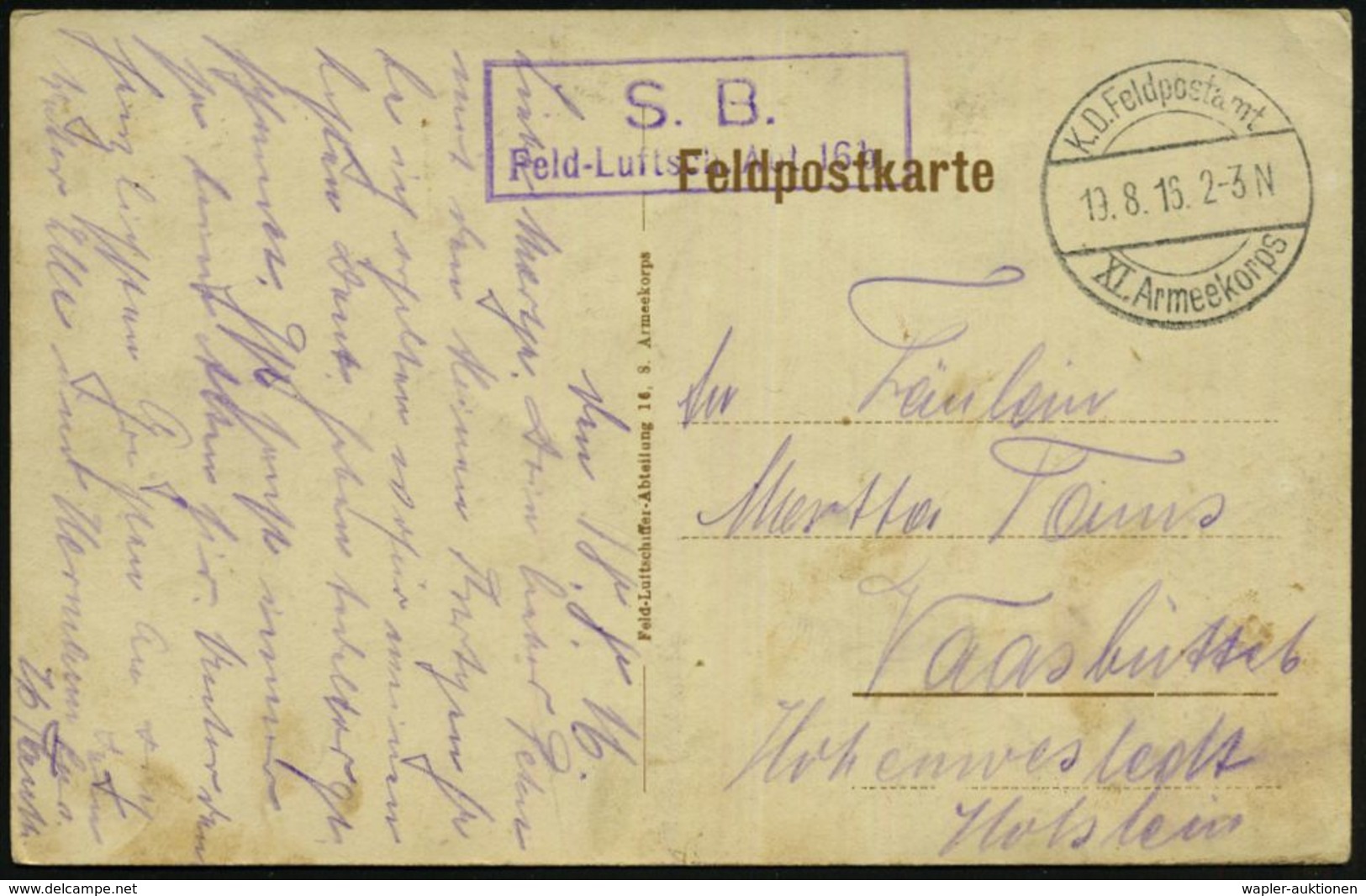 LUFTFELDPOST 1914-18 LUFTSCHIFFE & LUFTSCHIFFER-EINHEITEN : DEUTSCHES REICH 1916 (19.8.) 1K-Brücke: K. D. Feldpostamt/XI - Zeppelins